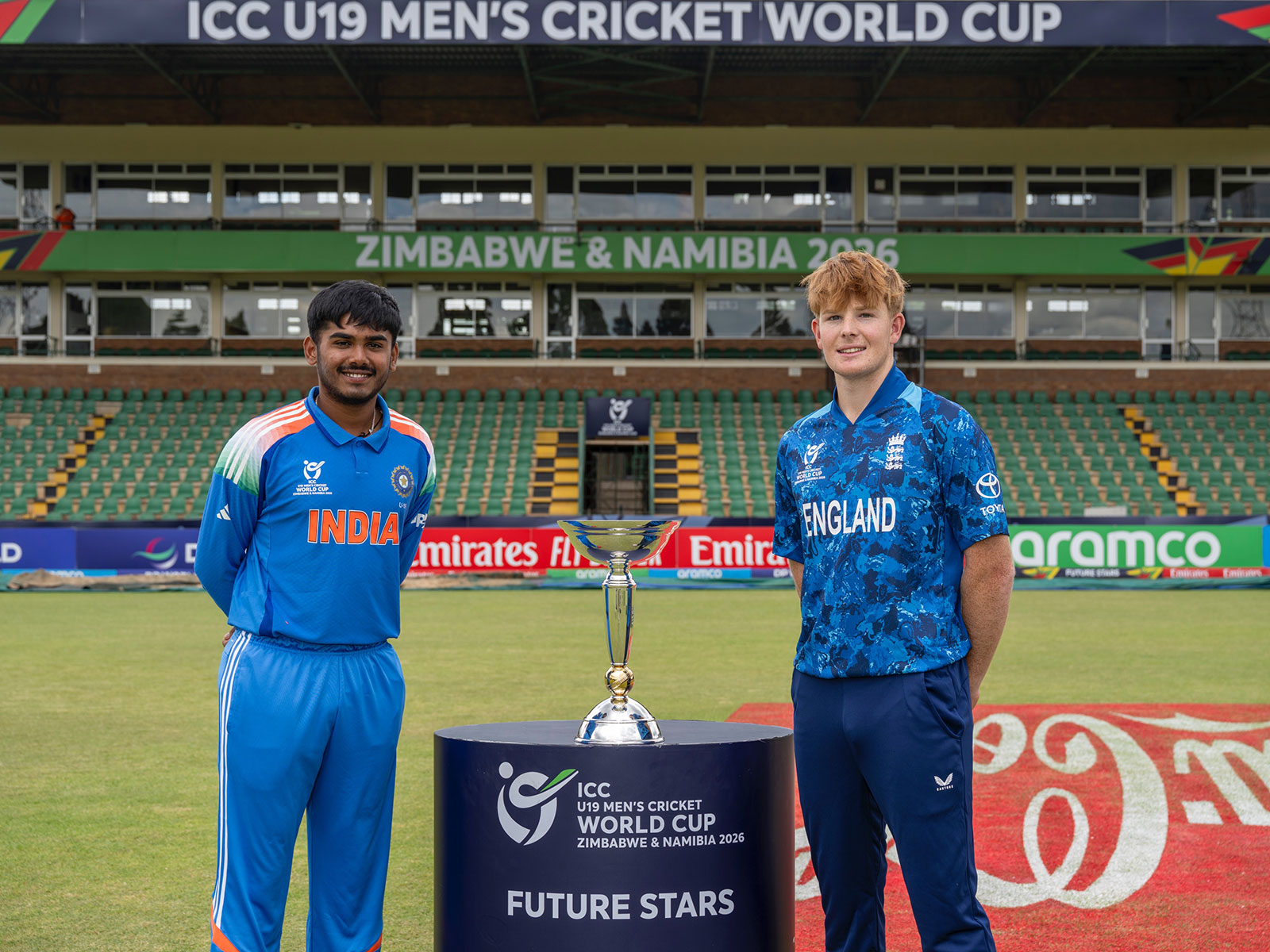 Indian skipper Ayush Mhatre and England skipper Thomas Rew. (Photo: @ICC X)