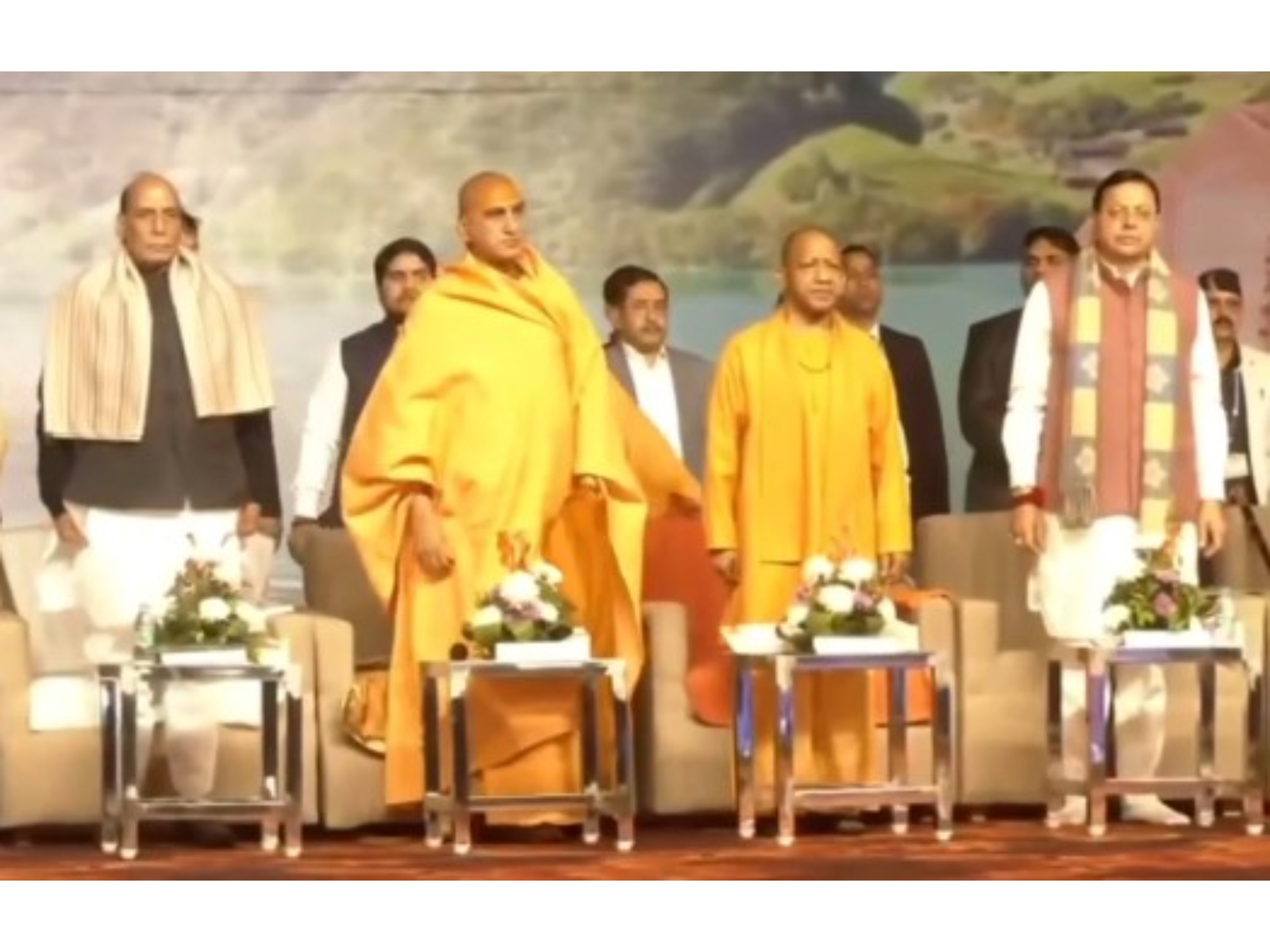 CM Dhami, Rajnath Singh, Yogi Adityanath attend Gurudev Samadhi Temple Idol Installation in Haridwar. (Photo/ANI)