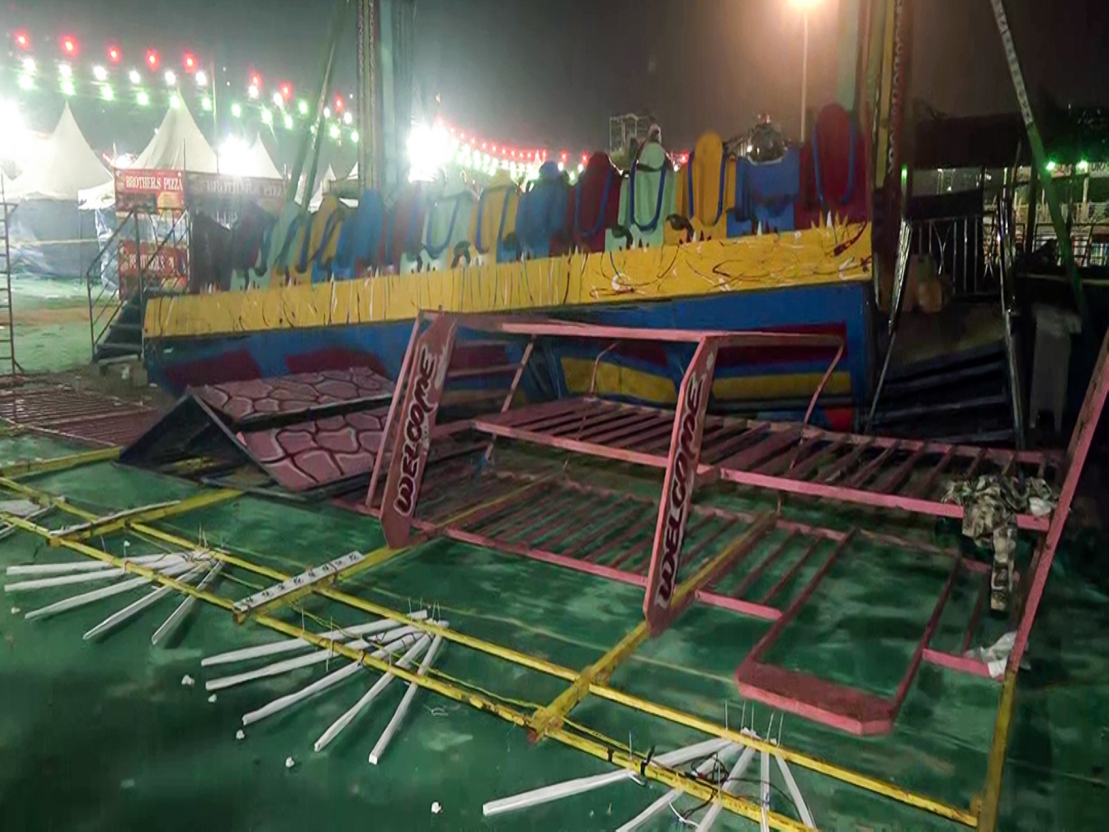 A view of a collapsed joyride swing, killing a police inspector and injuring 13 people at the Surajkund International Atmanirbhar Crafts Mela–2026, in Faridabad on Saturday (Photo/ANI)