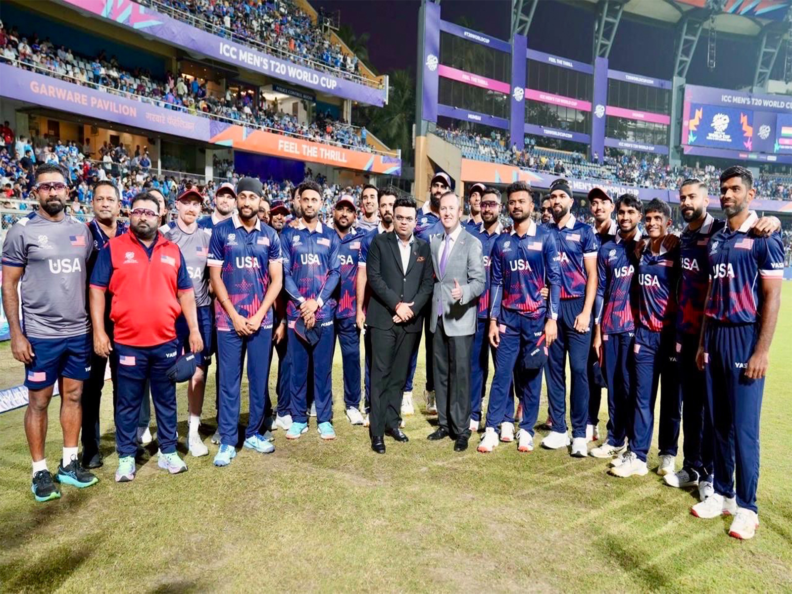 US Ambassador Sergio Gor with USA cricket team and ICC Chairman Jay Shah (Photo: X/@USAmbIndia)