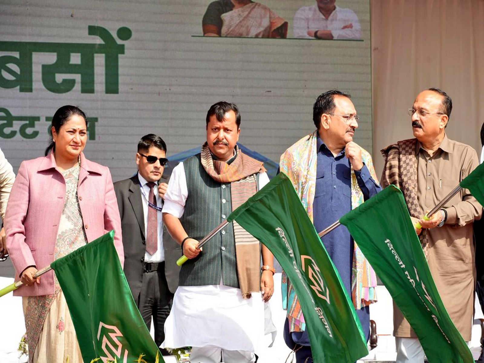 BJP President Nitin Nabin and CM Rekha Gupta flag off 500 new EV buses (Photo/ANI X @gupta_rekha)