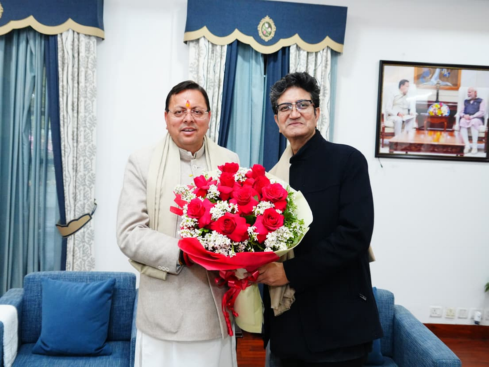 CM Pushkar Singh Dhami meets CBFC Chairman Prasoon Joshi (Photo/ANI)