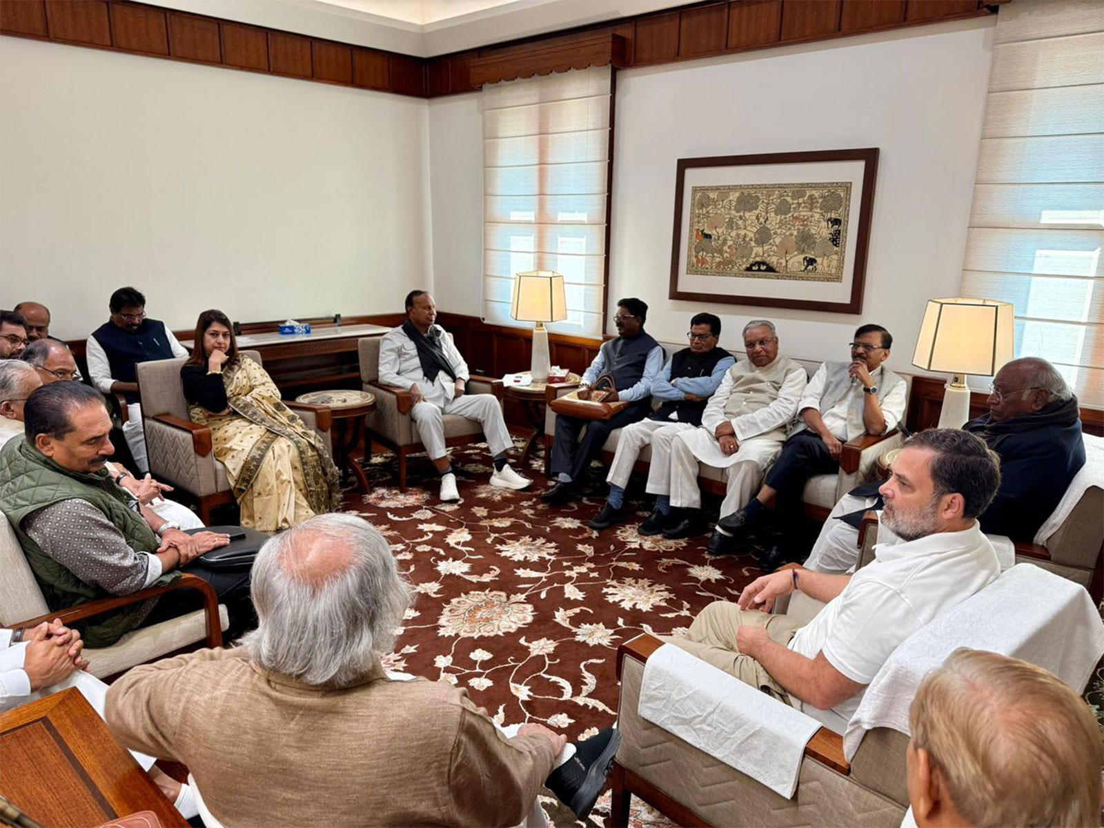 INDIA Bloc floor leaders’ meeting at Mallikarjun Kharge’s office in Parliament (Photo/ANI)