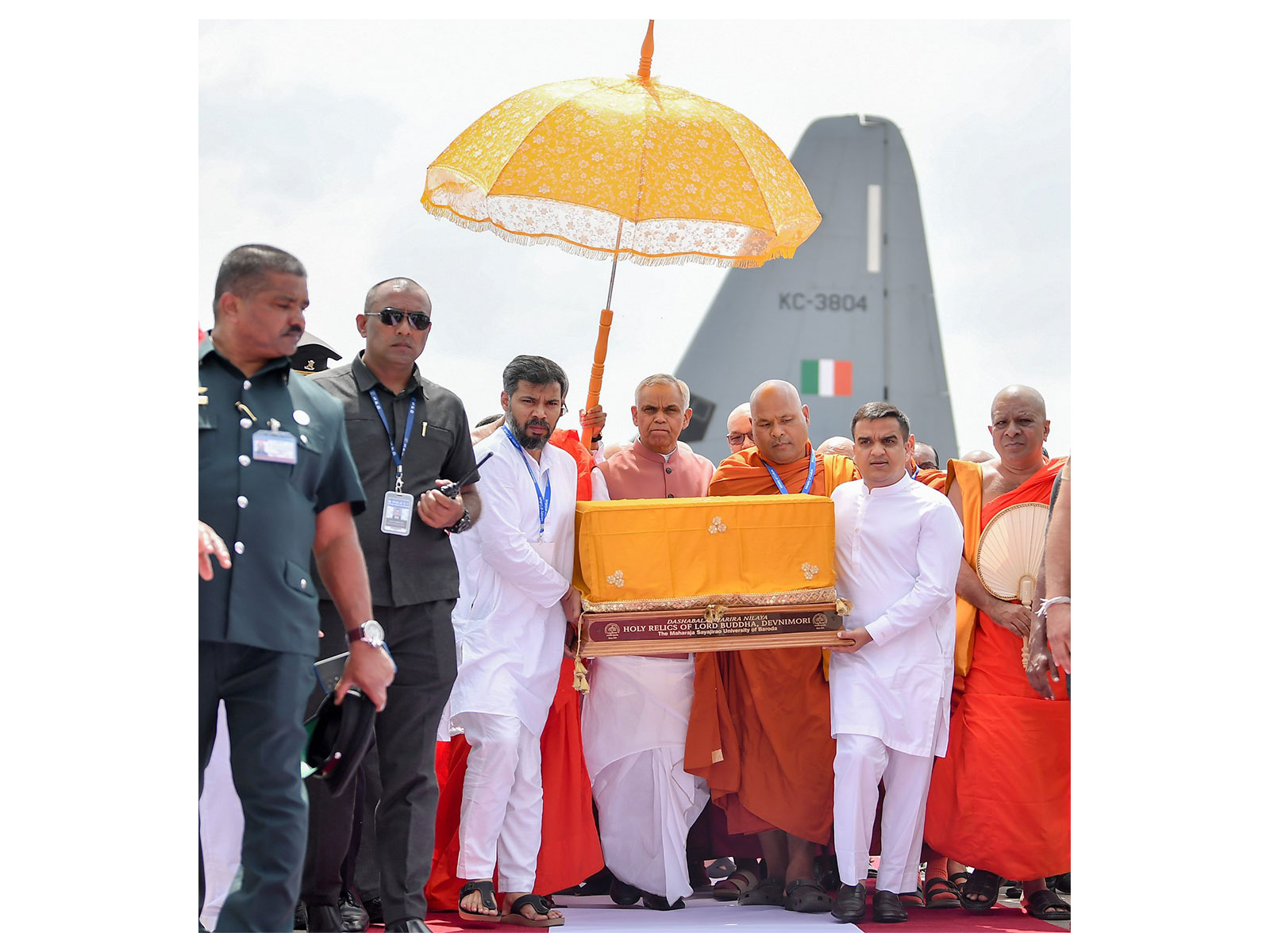 Members of the Indian delegation carry the Holy Devnimori Relics of Lord Buddha (Photo/X@NarendraModi)