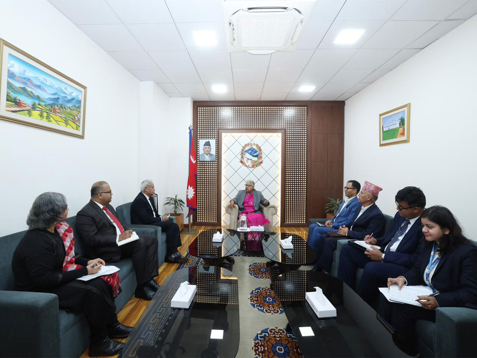 Nepal interim Prime Minister Sushila Karki meets Indian Ambassador to Nepal Naveen Srivastava at Singha Durbar, thanking India for technical support provided for the conduct of the March parliamentary elections. (Image Source: Nepal PMO)