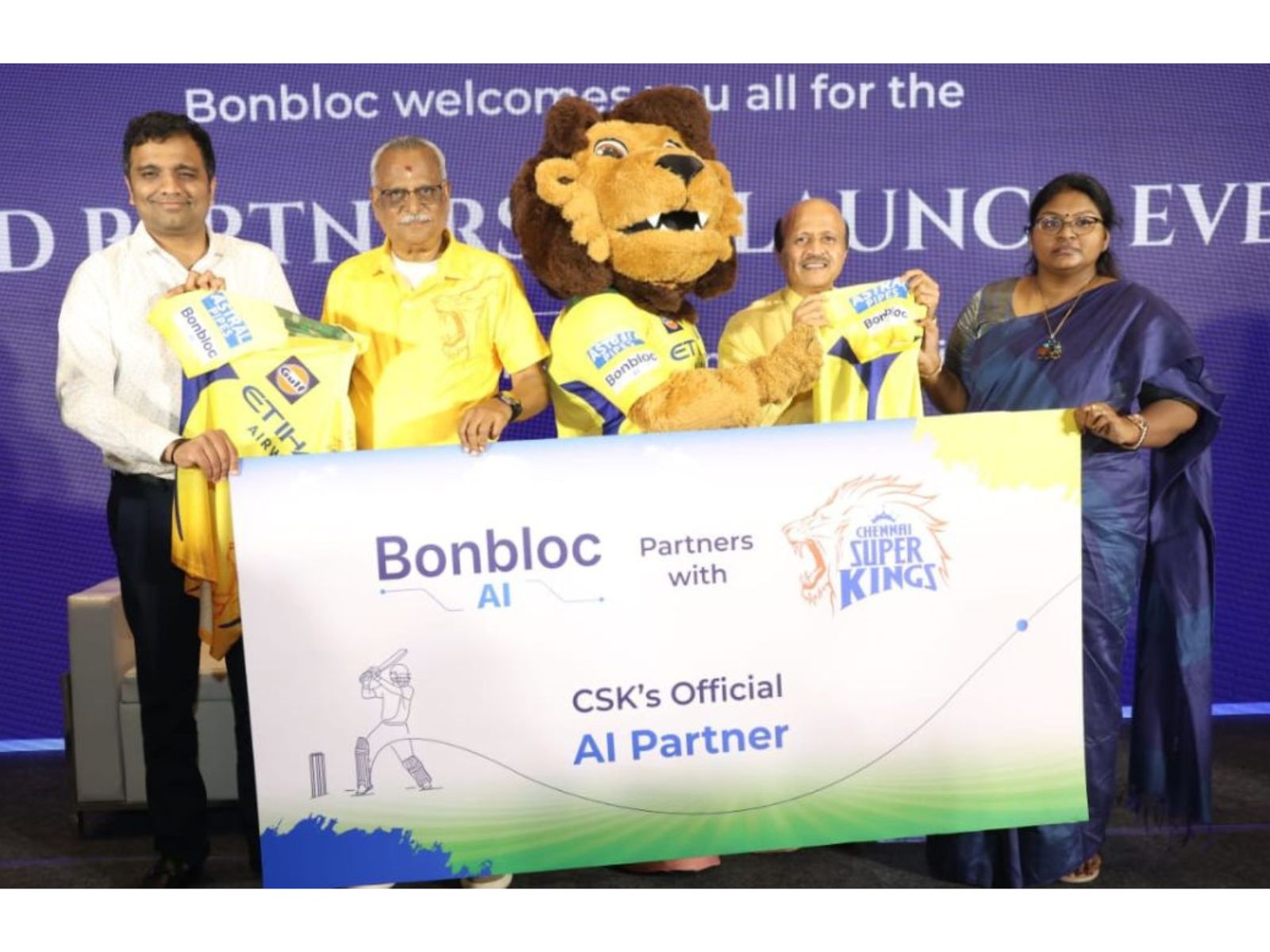 Avinash Sridharan, CFO, KS Viswanathan, MD, CSK pose with the CSK mascot with Durai Appadurai, MD, and JamunaDevi Dhayanidhi