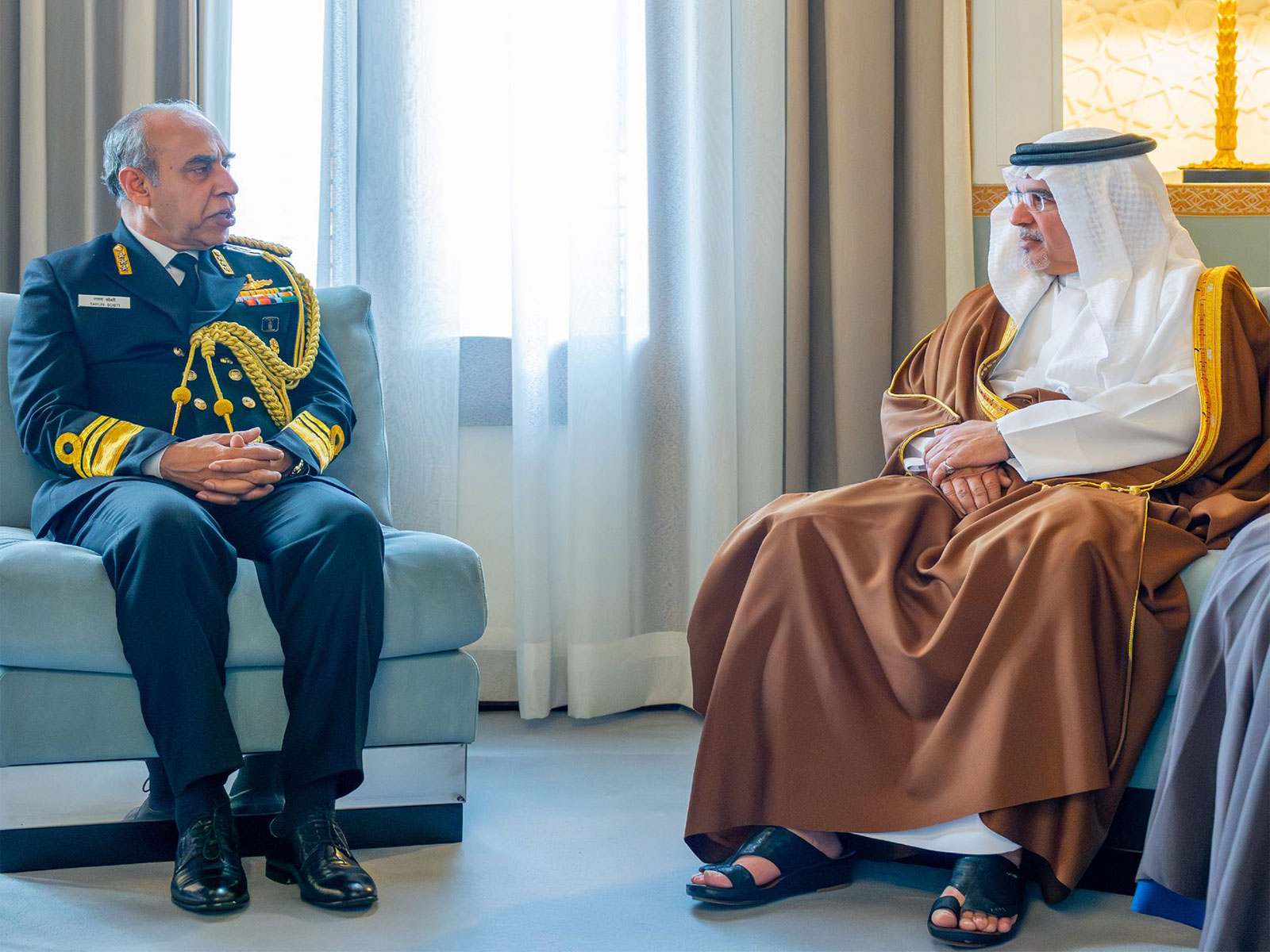 Naval Staff's Deputy Chief VAdm Tarun Sobti holds bilateral talks with Bahrain's Crown Prince Salman bin Hamad Al Khalifa at Riffa Palace (Photo/X/@indiannavy)