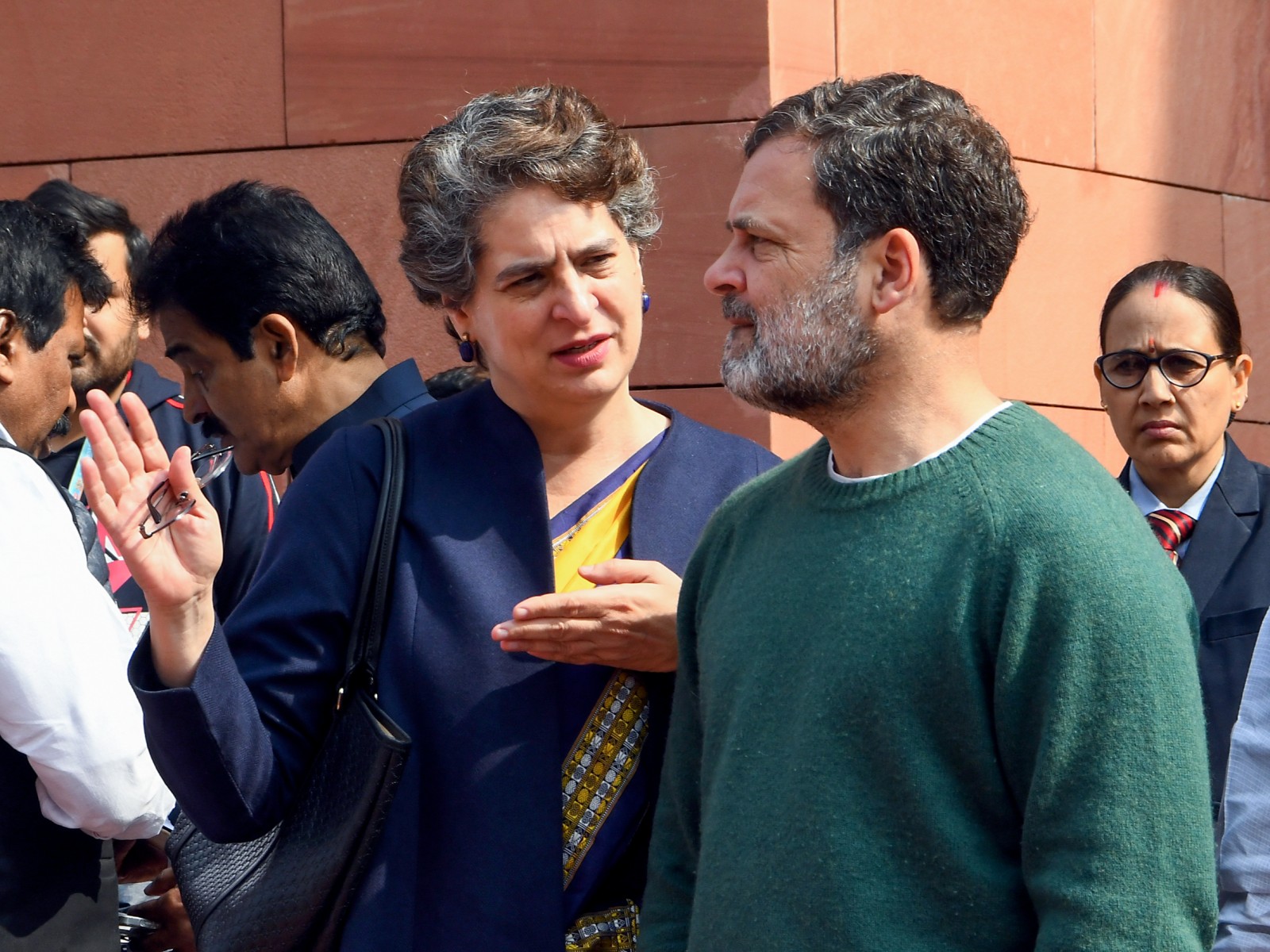 Lok Sabha LoP Rahul Gandhi with Congress leader Priyanka Gandhi in the Parliament premises. (File photo/ANI)