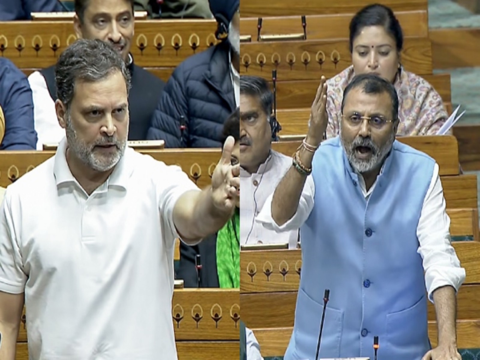 Lok Sabha LoP Rahul Gandhi (R) and BJP MP Nishikant Dubey (R) (Photo: ANI)