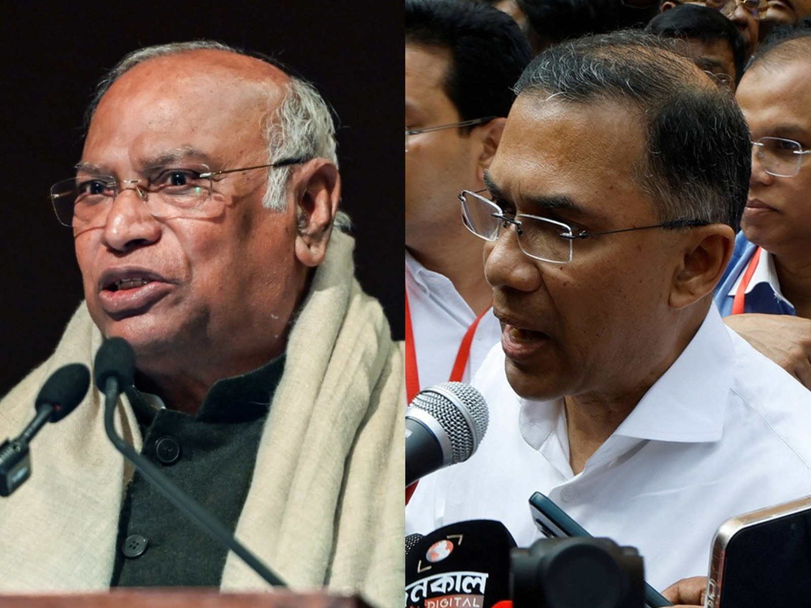 Congress President Mallikarjun Kharge (File Photo/ANI) and BNP Chief Tarique Rahman (Photo/Reuters)