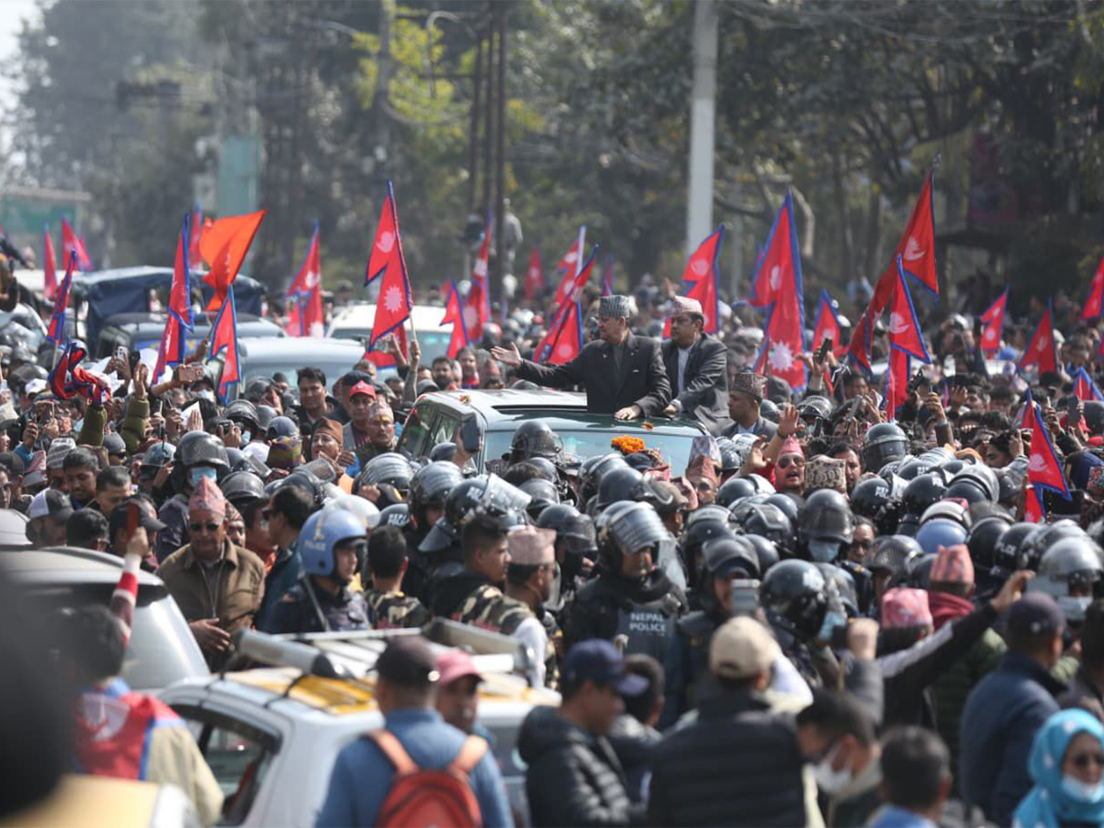 Pro-monarchist supporters gather on the streets of Kathmandu to welcome former King Gyanendra Shah ahead of Nepal’s parliamentary elections. (Photo/ANI)