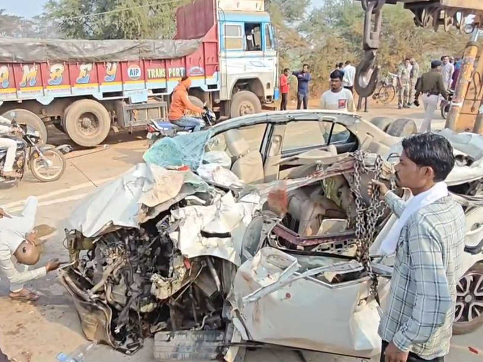 Visuals from the accident site show the damaged car involved in the collision in Dhamtari (Photo/ANI)