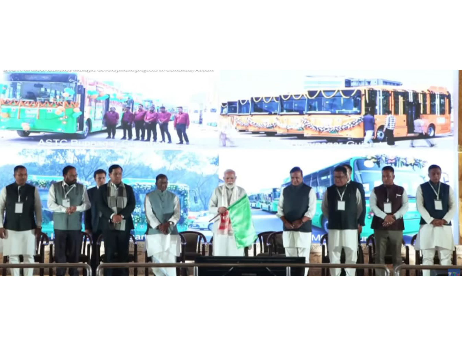 Prime Minister Narendra Modi dedicates 50 state-of-the-art electric buses for Bhavnagar; gives a flag off from Assam (Photo/Gujarat CMO)