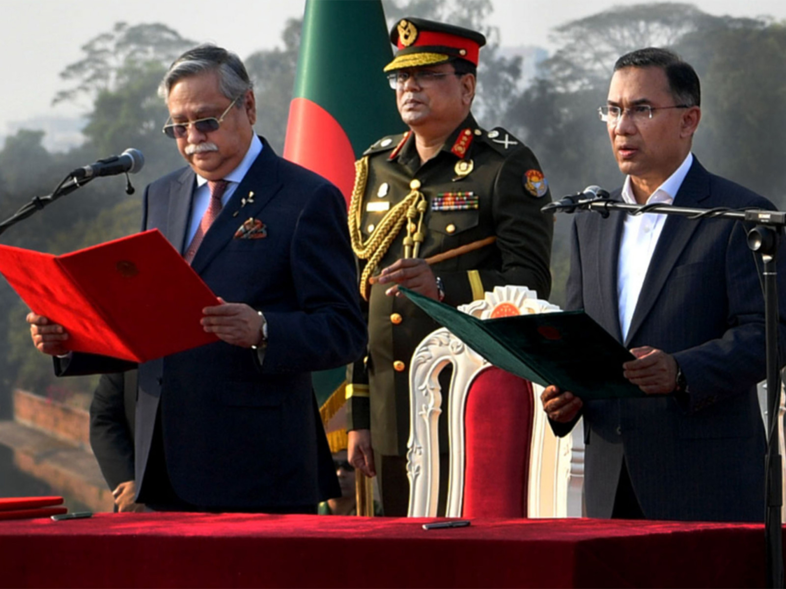 Tarique Rahman takes oath as Bangladesh’s Prime Minister at the South Plaza of the National Parliament Building in Dhaka (Photo/PID, Bangladesh)