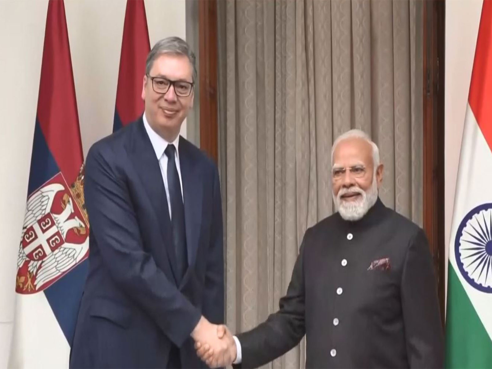 Prime Minister Narendra Modi meets Serbian President Aleksandar Vučić at Hyderabad House in New Delhi. (Photo/ANI)