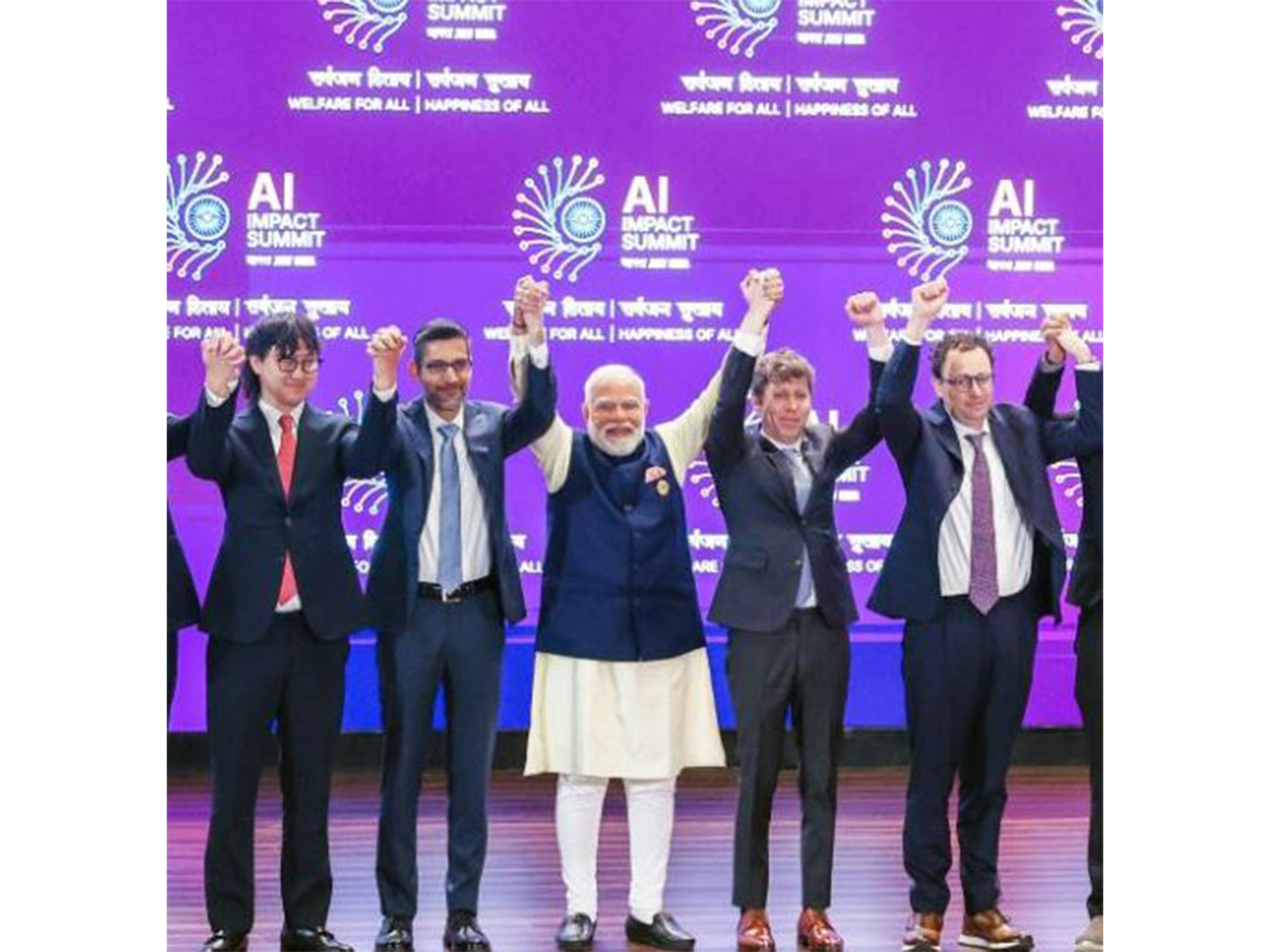 PM Narendra Modi during the group photograph with tech leaders at the AI India Impact Summit (Photo/ANI)