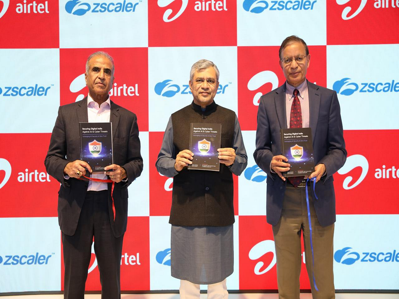 (L-R) Sunil Bharti Mittal, Founder & Chairman, Bharti Enterprises; Ashwini Vaishnaw, Union Minister for Electronics and IT; and Jay Chaudhry, CEO, Chairman, and Founder, Zscaler. (Photo: ANI) 