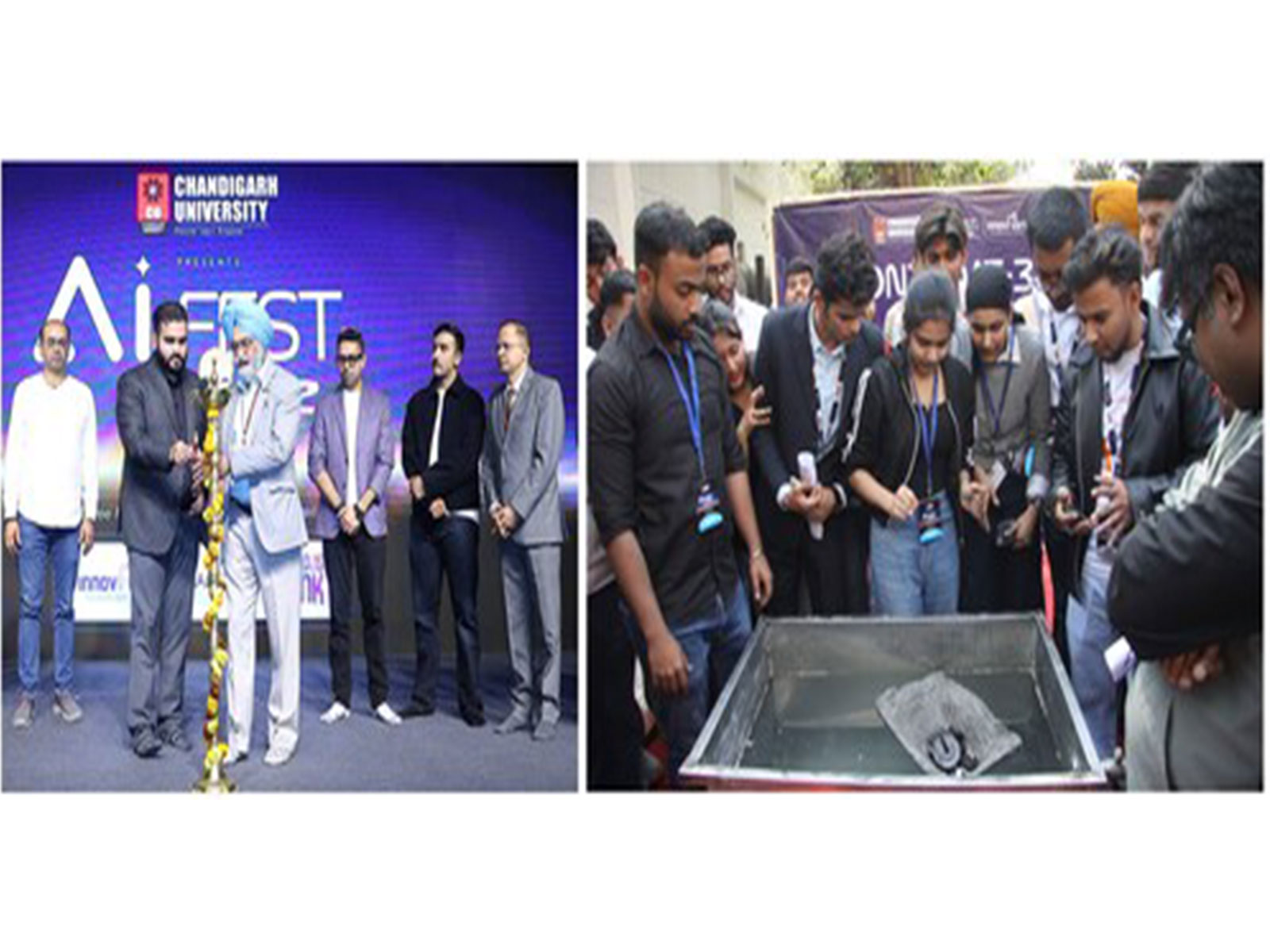Jainder Inder Singh Sandhu, Sr. Director Chandigarh University launching Sandbox Residential Program; & the students performing ‘Confloat competition during AI Fest at Chandigarh University.