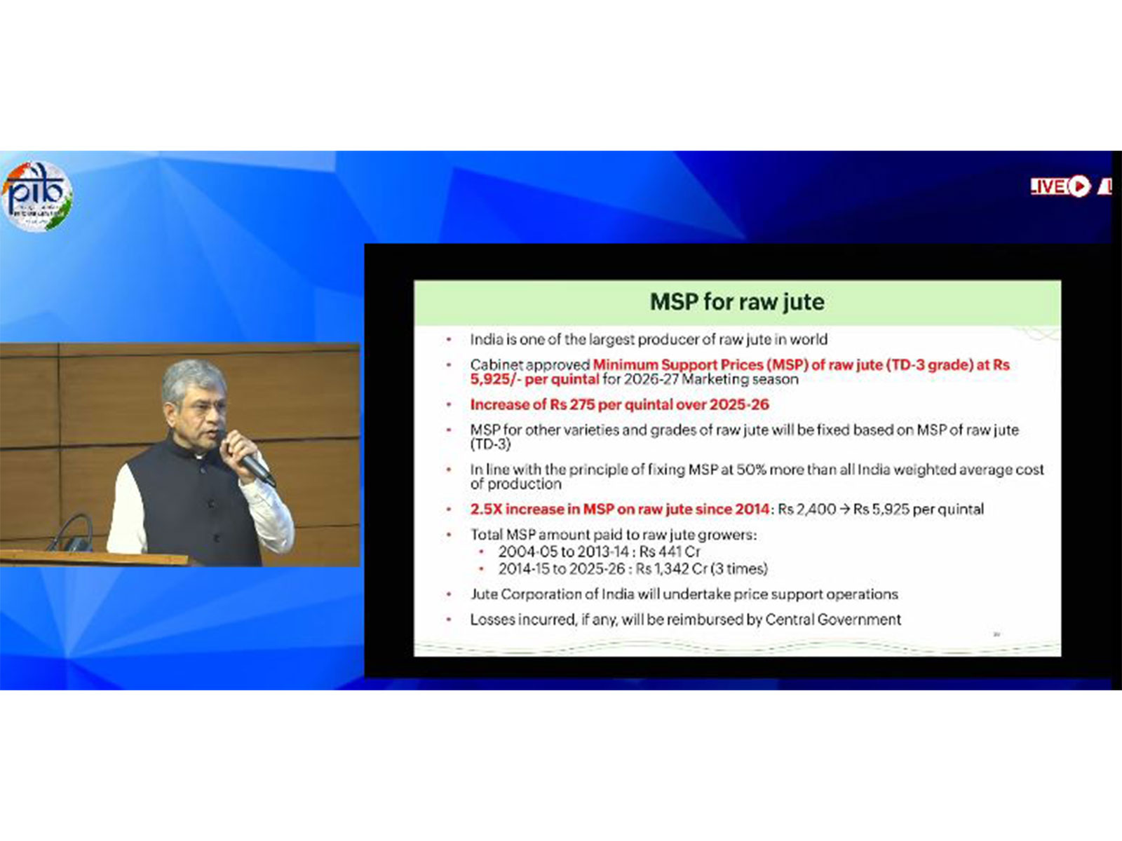 Cabinet approves Minimum Support Prices for Raw Jute for 2026-27 Season (Image: YouTube/PIB India)