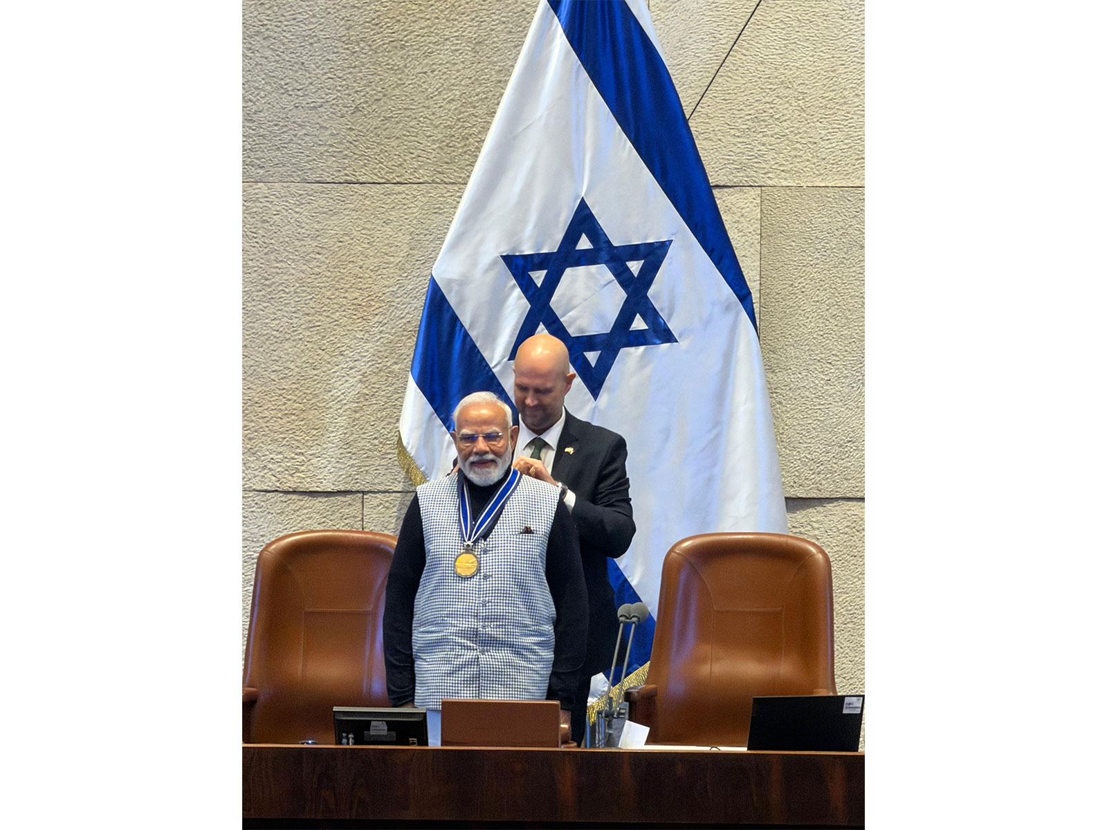 Prime Minister Narendra Modi  being conferred 'Speaker of the Knesset Medal' (Photo/ANI)