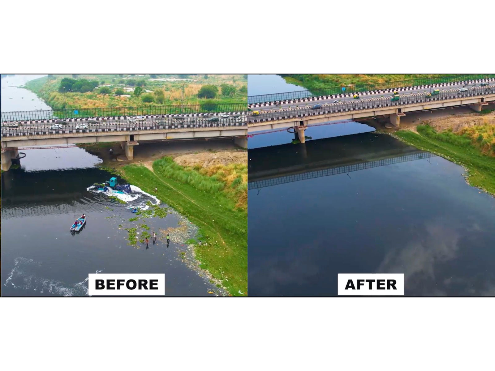 Before and after of the Yamuna cleaning using AI technology (Photo/ANI) Before and after of the Yamuna cleaning using AI technology (Photo/ANI)
