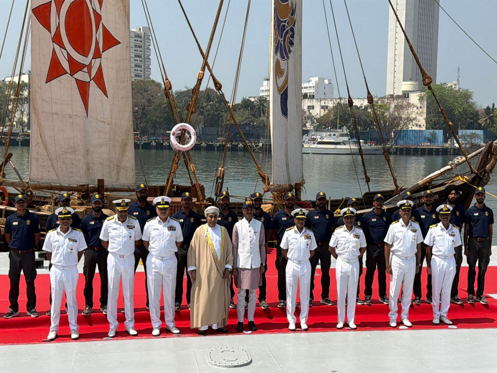 Crew of Kaundinya with RRM Sanjay Seth, C-in-C WNC Vice Admiral K Swaminathan and others (Photo/ANI)