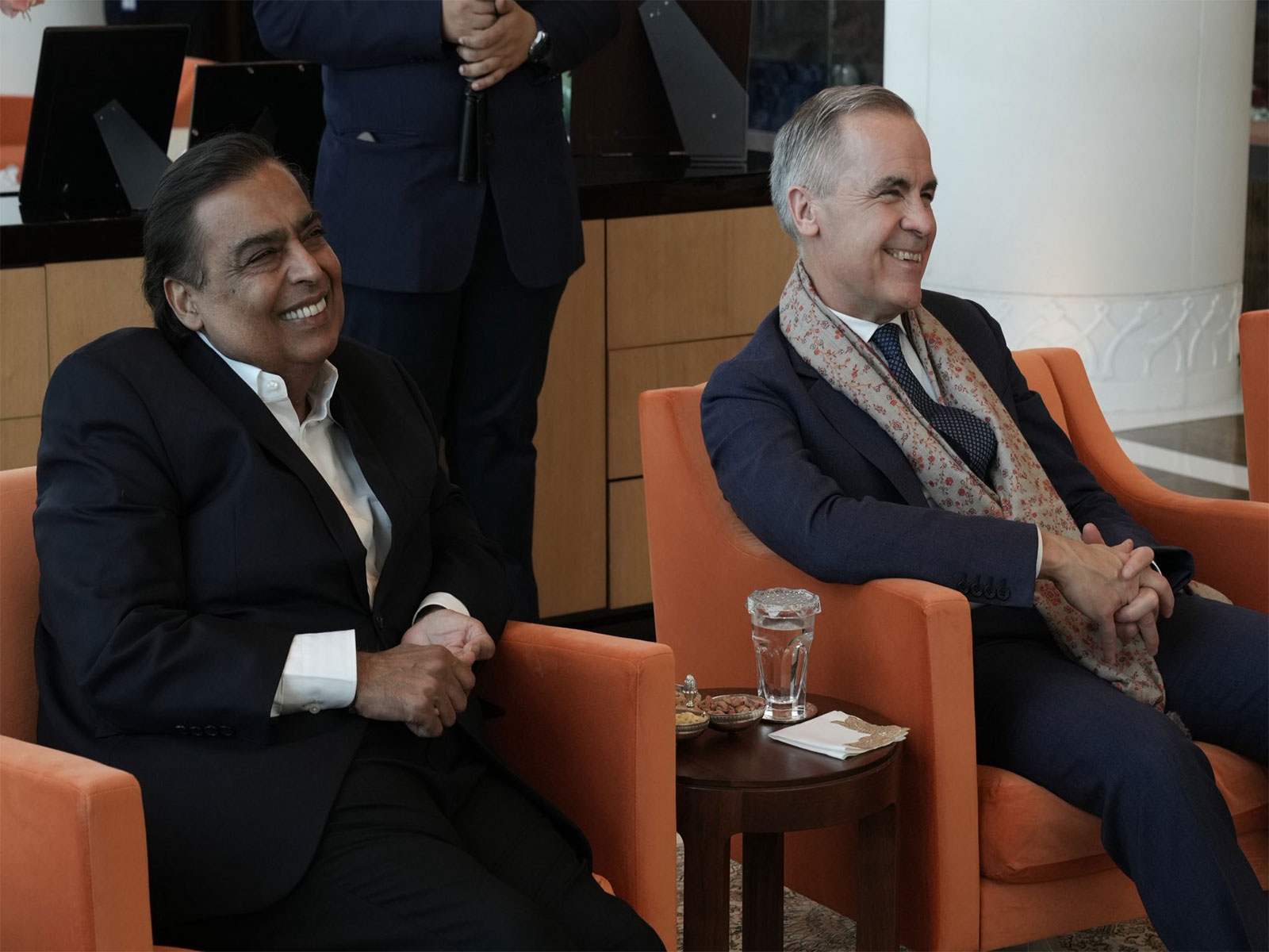Canadian PM Mark Carney(Right) with Reliance Industries Chairman Mukesh Ambani (Left). (Photo- X@MarkJCarney)