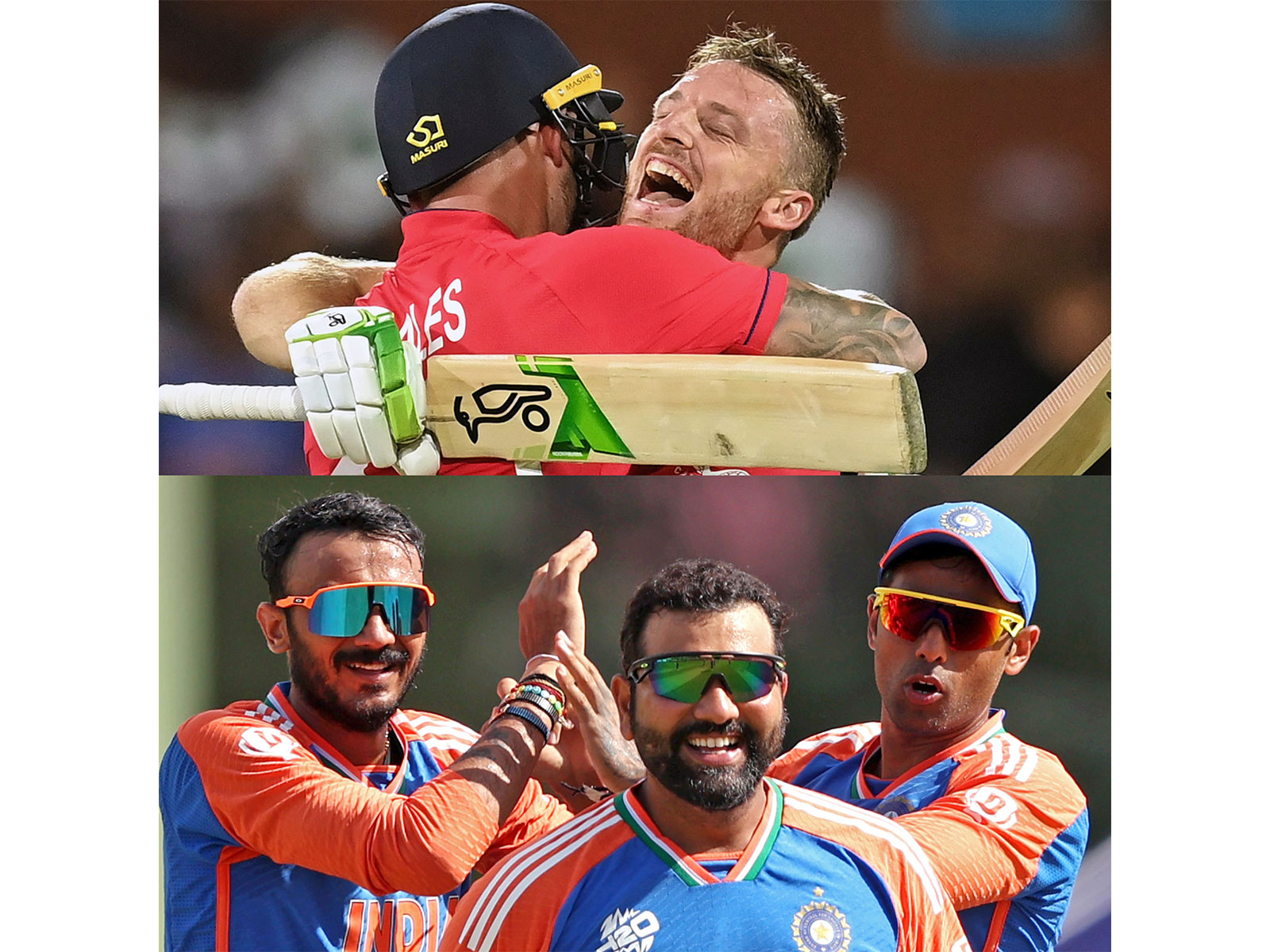 Jos Buttler and Alex Hales after sealing 2022 semifinal (top), Team India's stars from 2024 semifinal win (down). (Photo: ANI)