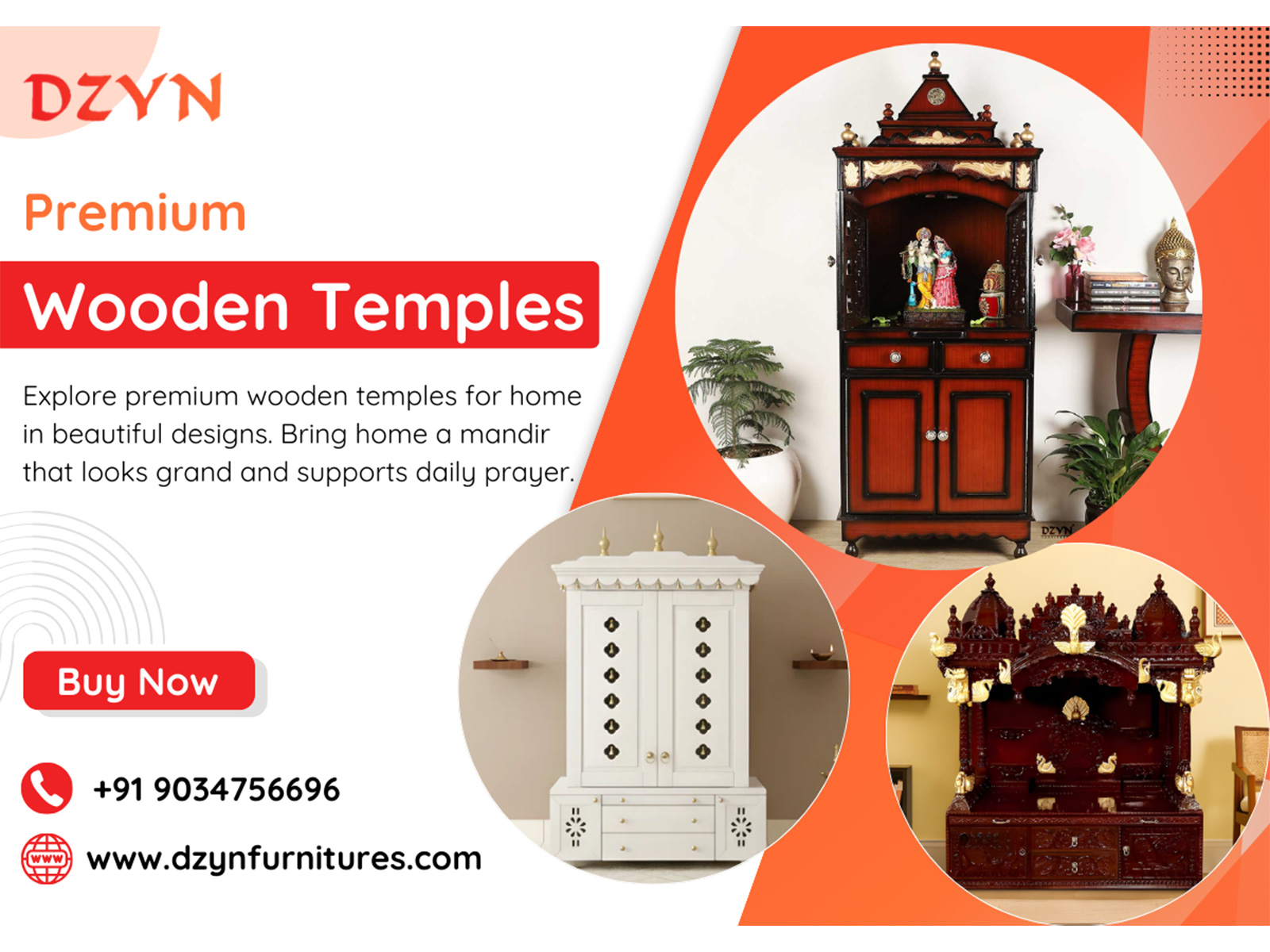 Explore premium teakwood pooja mandirs in beautiful designs that bring beauty and prayer together. Shop now at DZYN Furnitures.