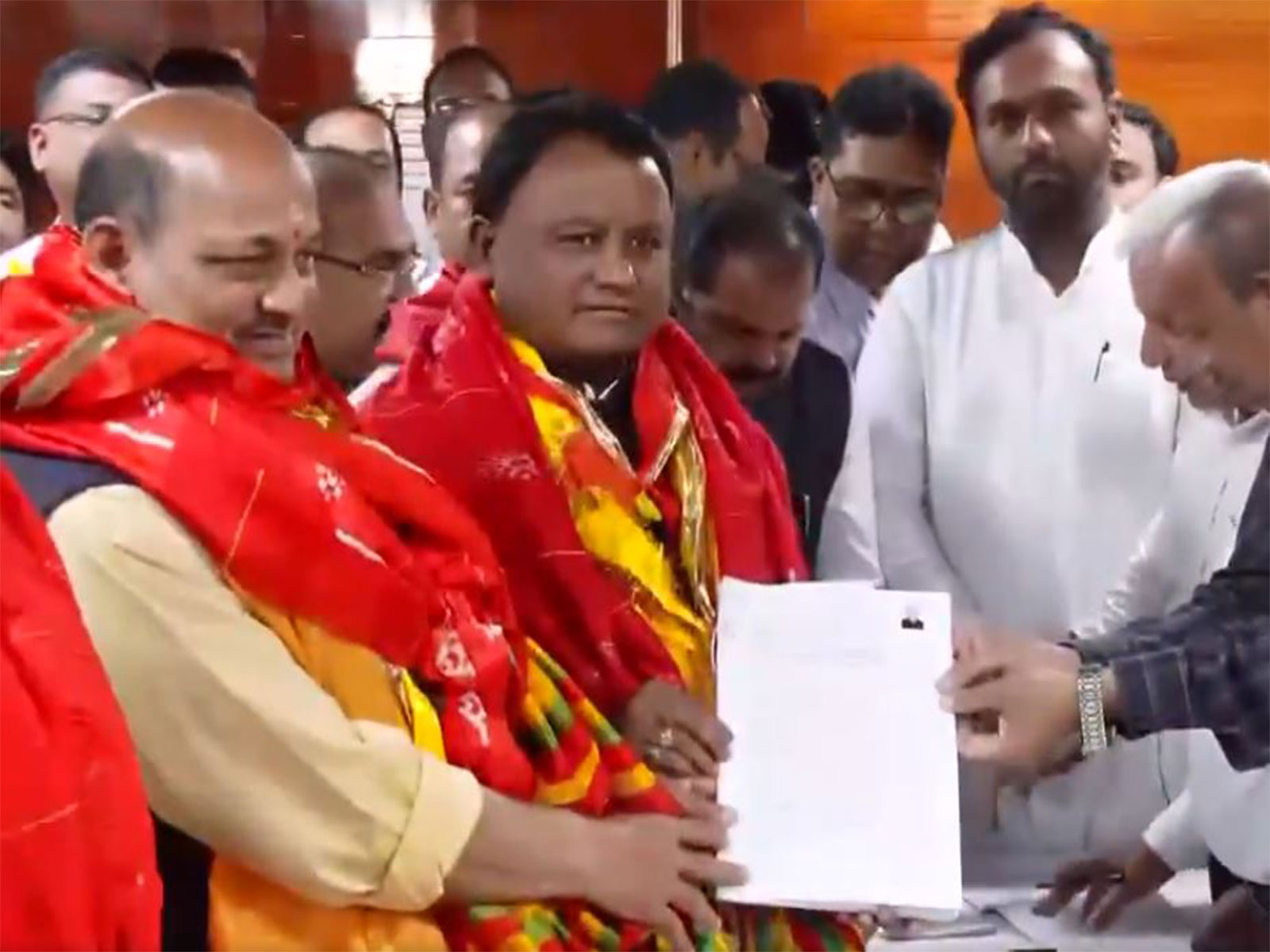Odisha BJP chief Manmohan Samal, Sujeet Kumar file nominations (Photo/ANI)