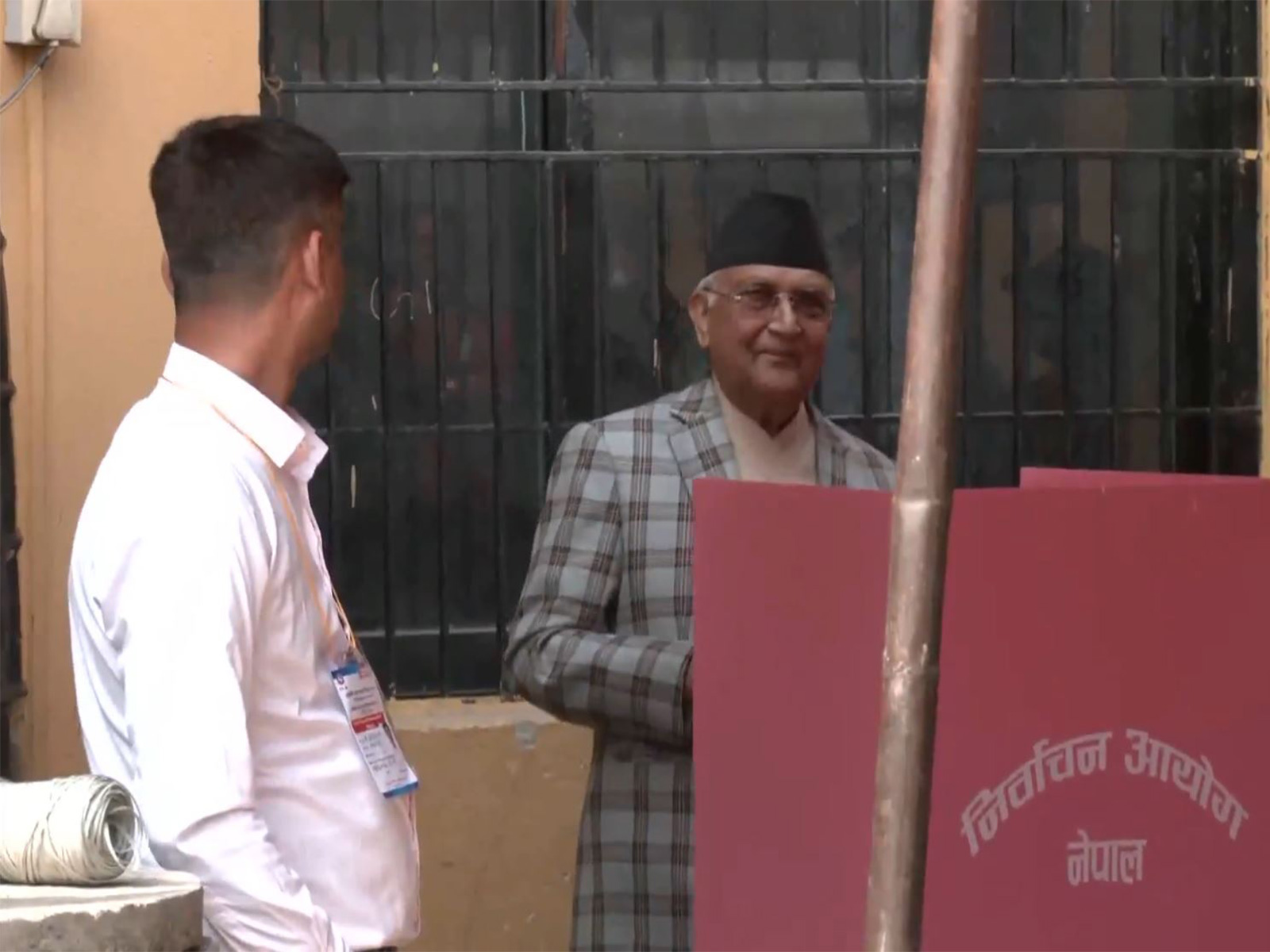 Former Prime Minister KP Sharma Oli casts his vote at a polling station in Bhaktapur during 2026 General Elections. (Photo/ANI)