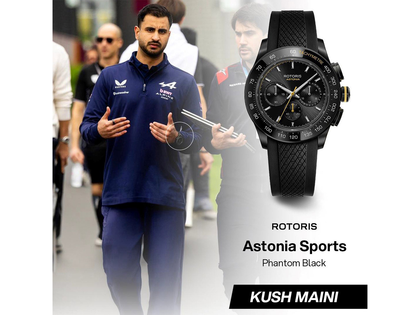 Indian racing driver Kush Maini seen wearing the Rotoris Astonia Sports Chronograph ‘Phantom Black’ (Photo/Rotoris) Indian racing driver Kush Maini seen wearing the Rotoris Astonia Sports Chronograph ‘Phantom Black’ (Photo/Rotoris)