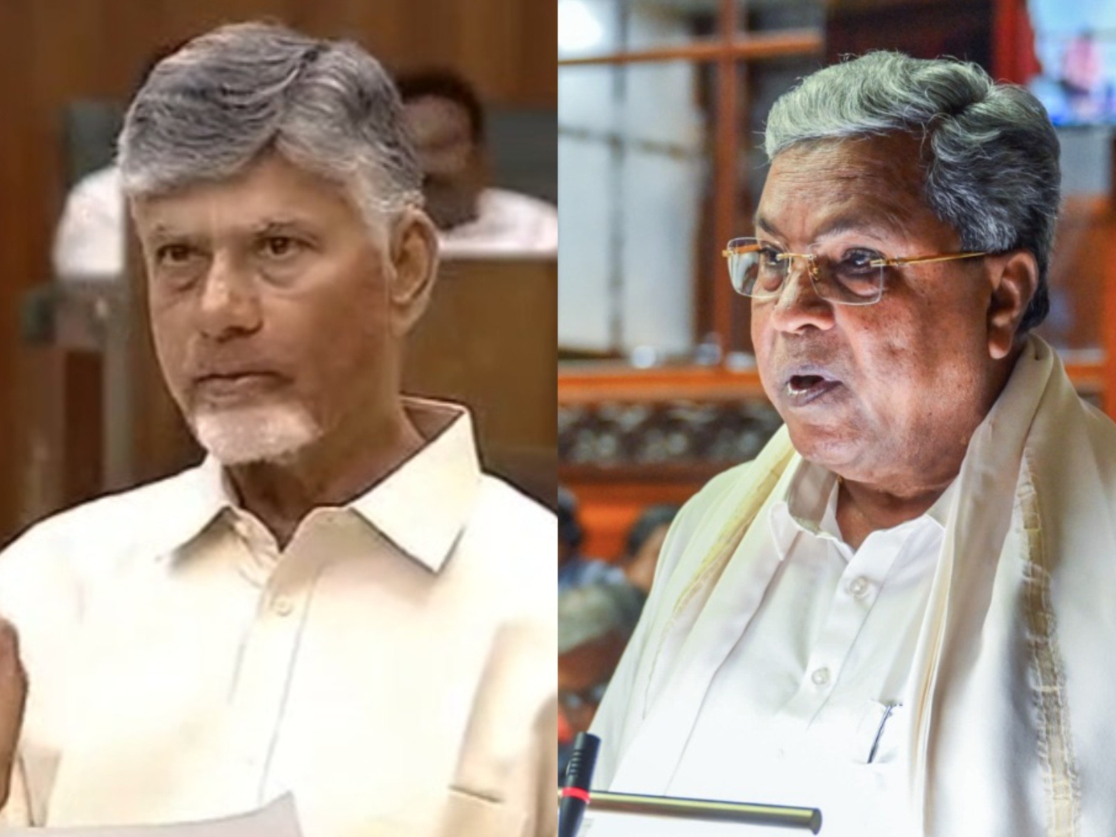 Andhra Pradesh Chief Minister N Chandrababu Naidu and Karnataka Chief Minister Siddaramaiah (Photo/ANI)