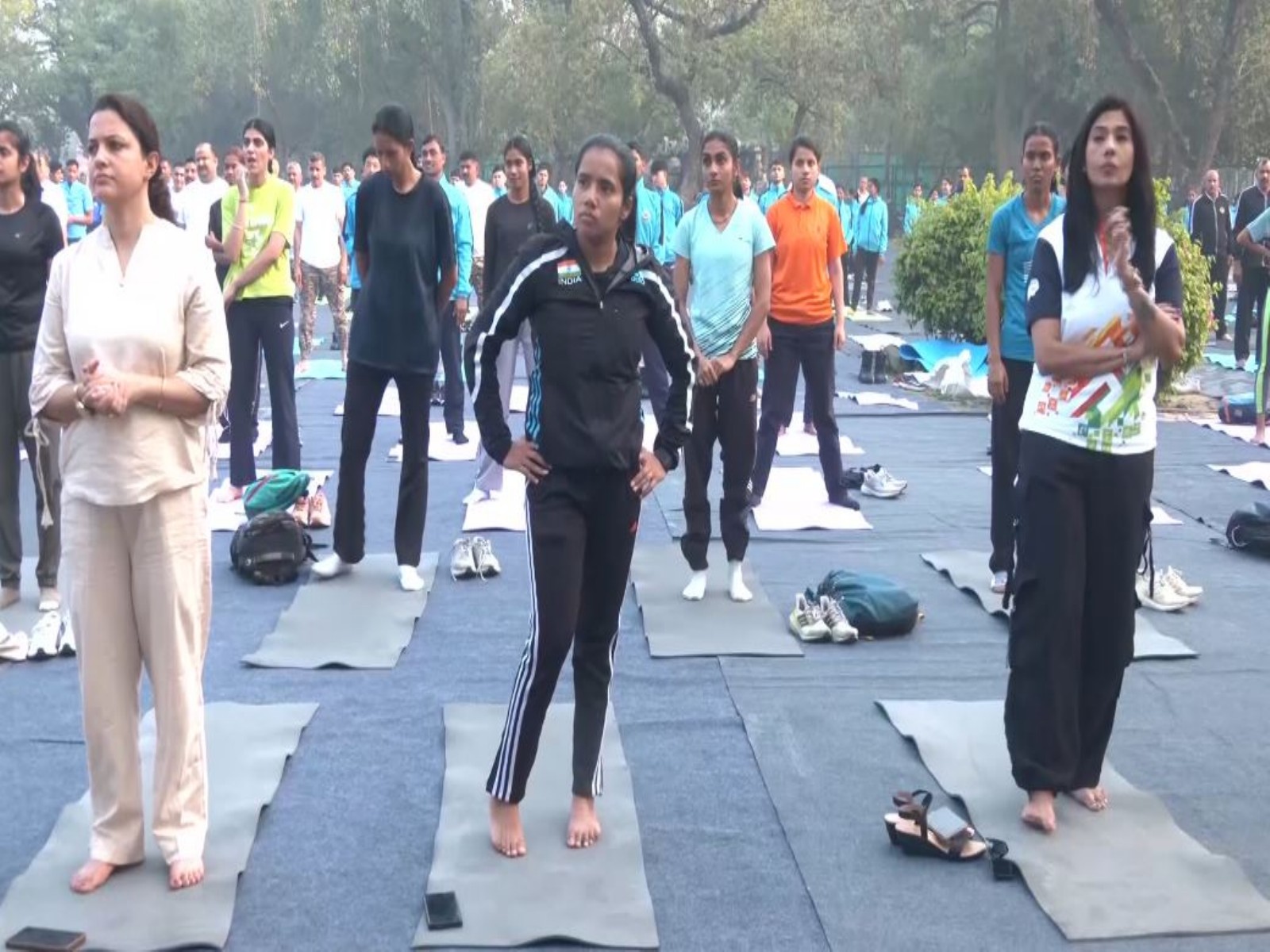 Preethi Pal (M) doing Yoga at the JLN Stadium in Delhi. (Photo/ANI)