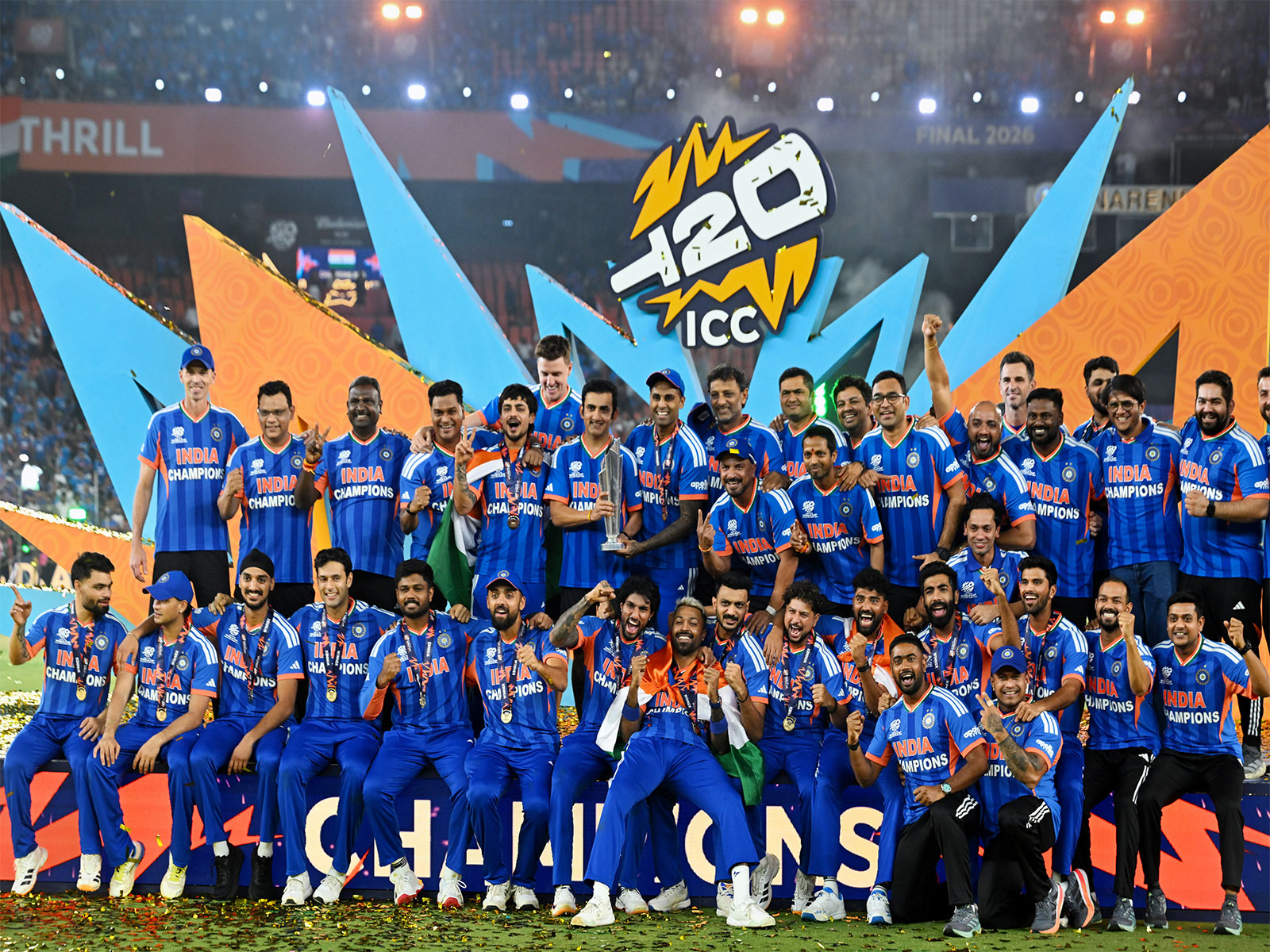 Team India with T20 World Cup Trophy in Ahmedabad (Photo/ANI)