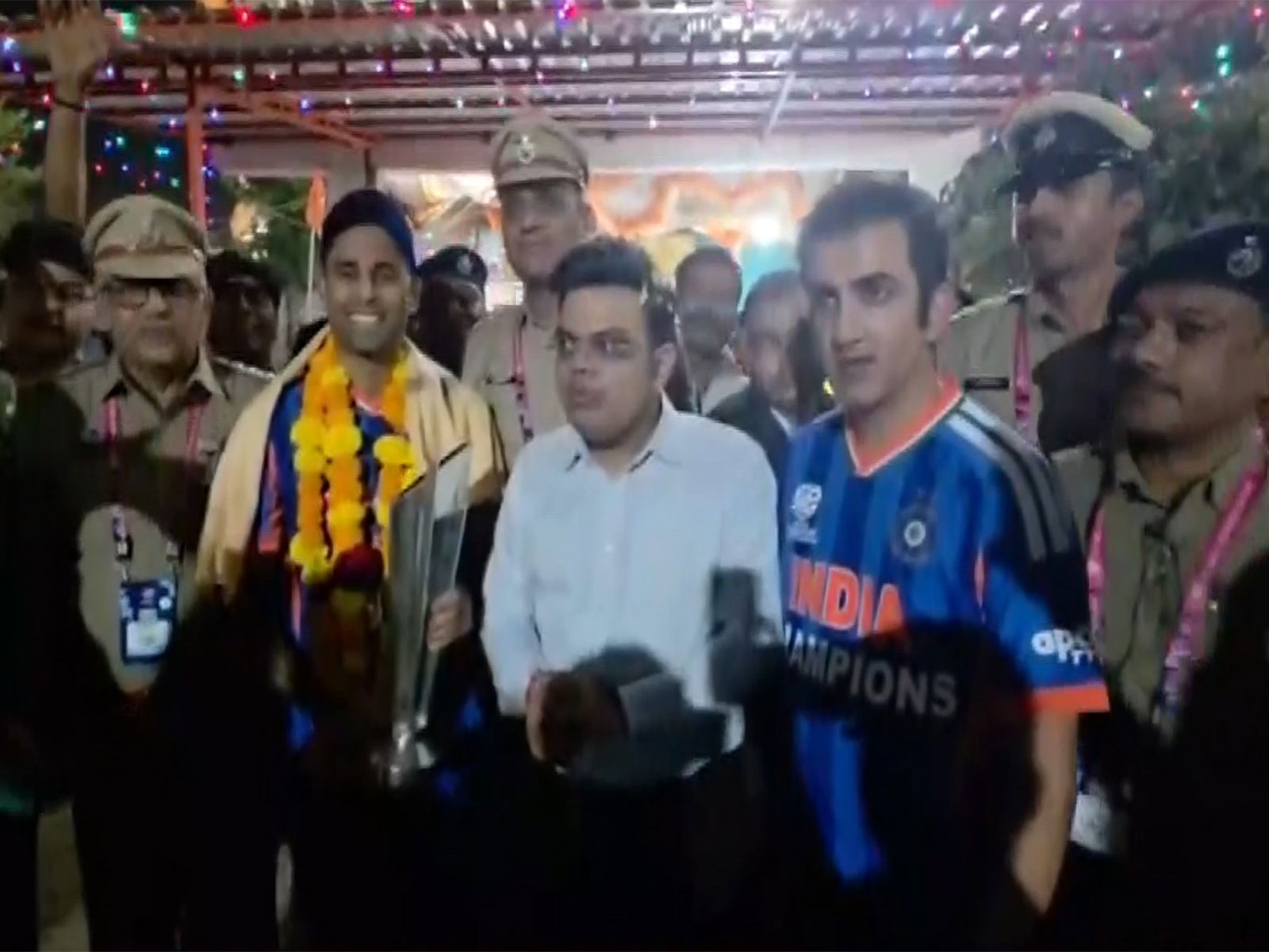 Skipper Suryakumar Yadav, ICC chairman Jay Shah and head coach Gautam Gambhir. (Photo: ANI)