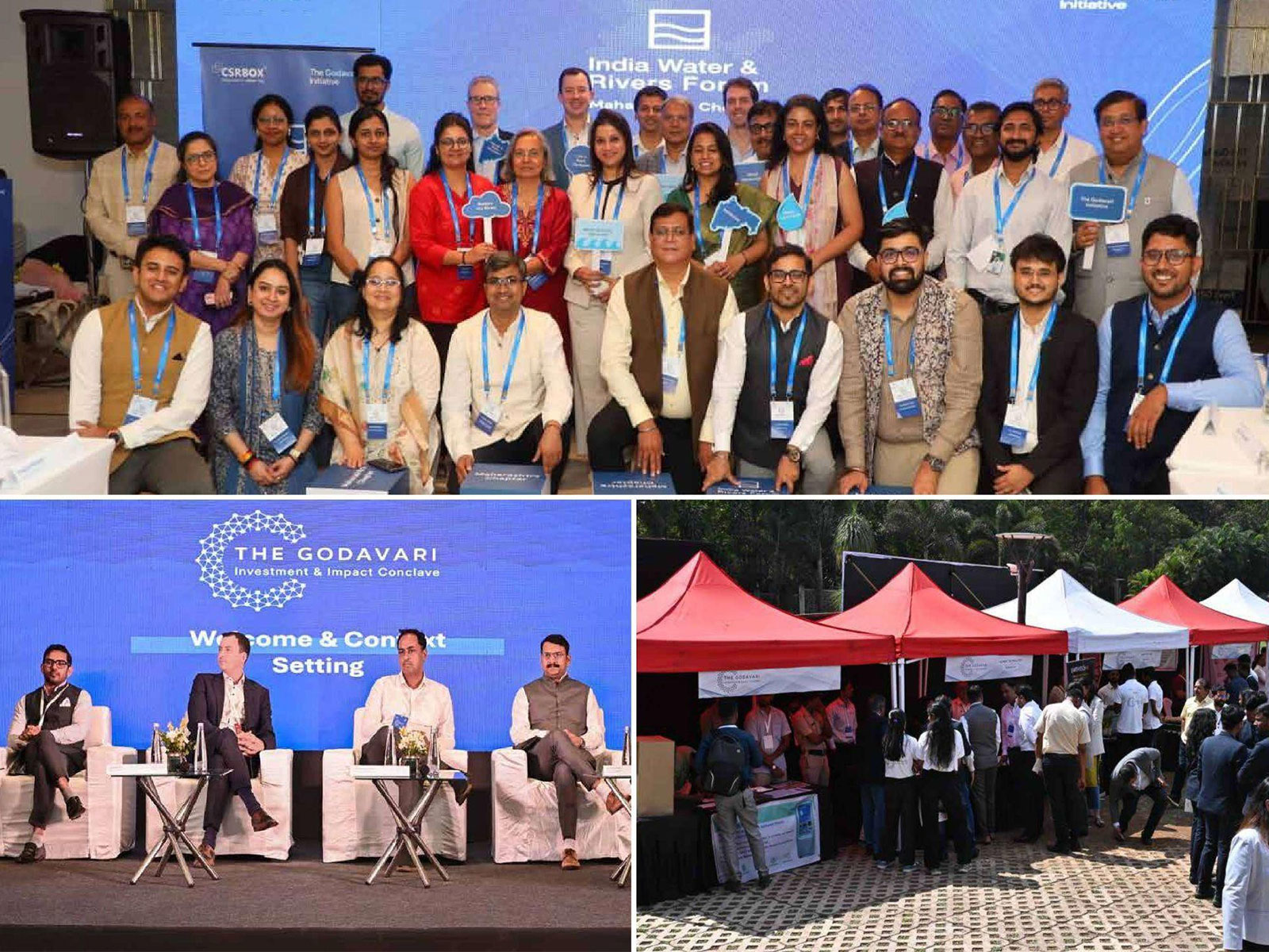 Top: India Water and Rivers Forum Maharashtra Chapter, Mumbai. Bottom left: The Godavari Investment and Impact Conclave, Nashik. Bottom right: Startup Expo at the Conclave Top: India Water and Rivers Forum Maharashtra Chapter, Mumbai. Bottom left: The Godavari Investment and Impact Conclave, Nashik. Bottom right: Startup Expo at the Conclave