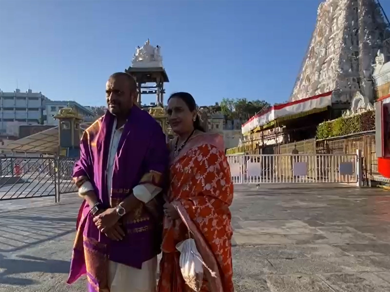 Bandla Ganesh with wife at Tirumala Temple (Photo/@ANI)