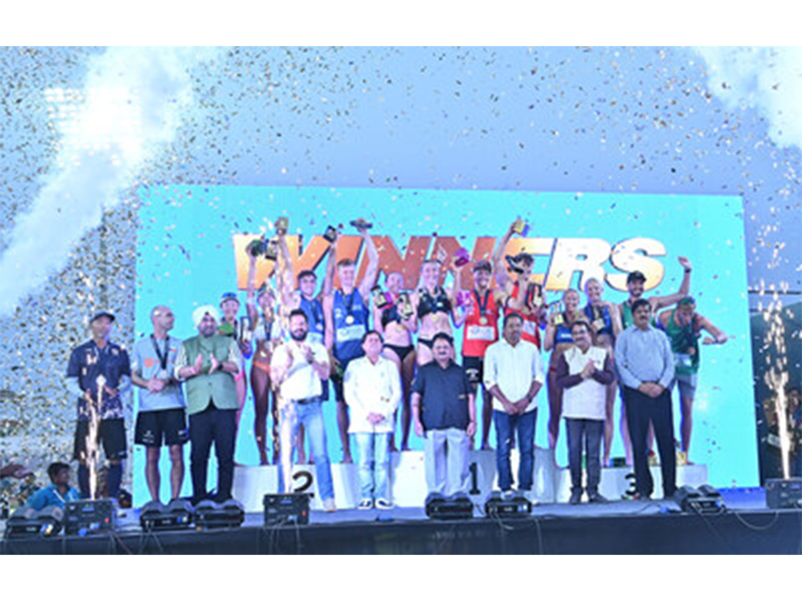 Jubilant winners of the FIVB Beach Pro Tour Challenge 2026 pose with KIIT and KISS Founder Dr. Achyuta Samanta