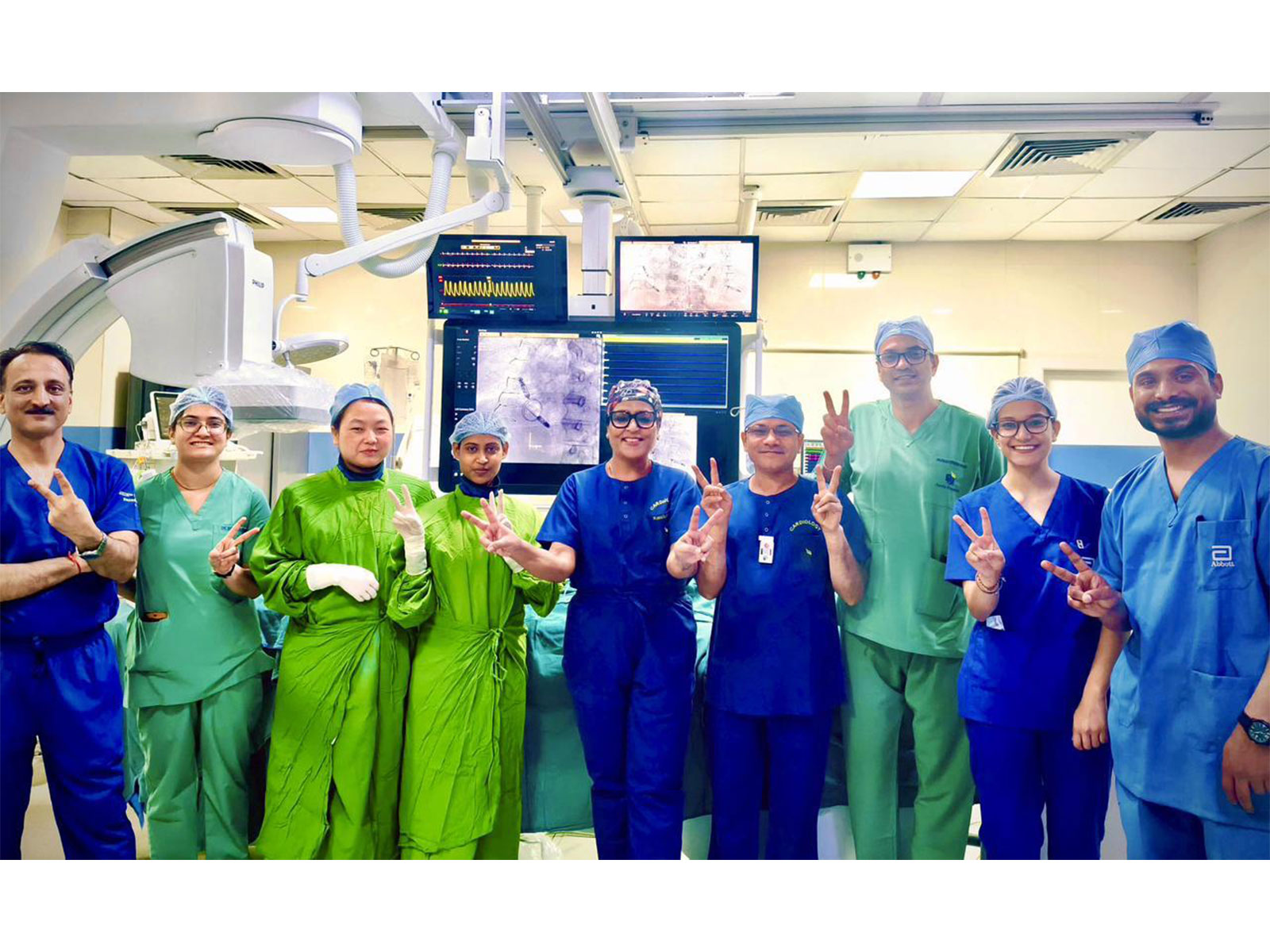 Dr Vanita Arora (centre) with the cardiac electrophysiology team after performing India’s first leadless pacemaker implantation through a metallic prosthetic tricuspid valve