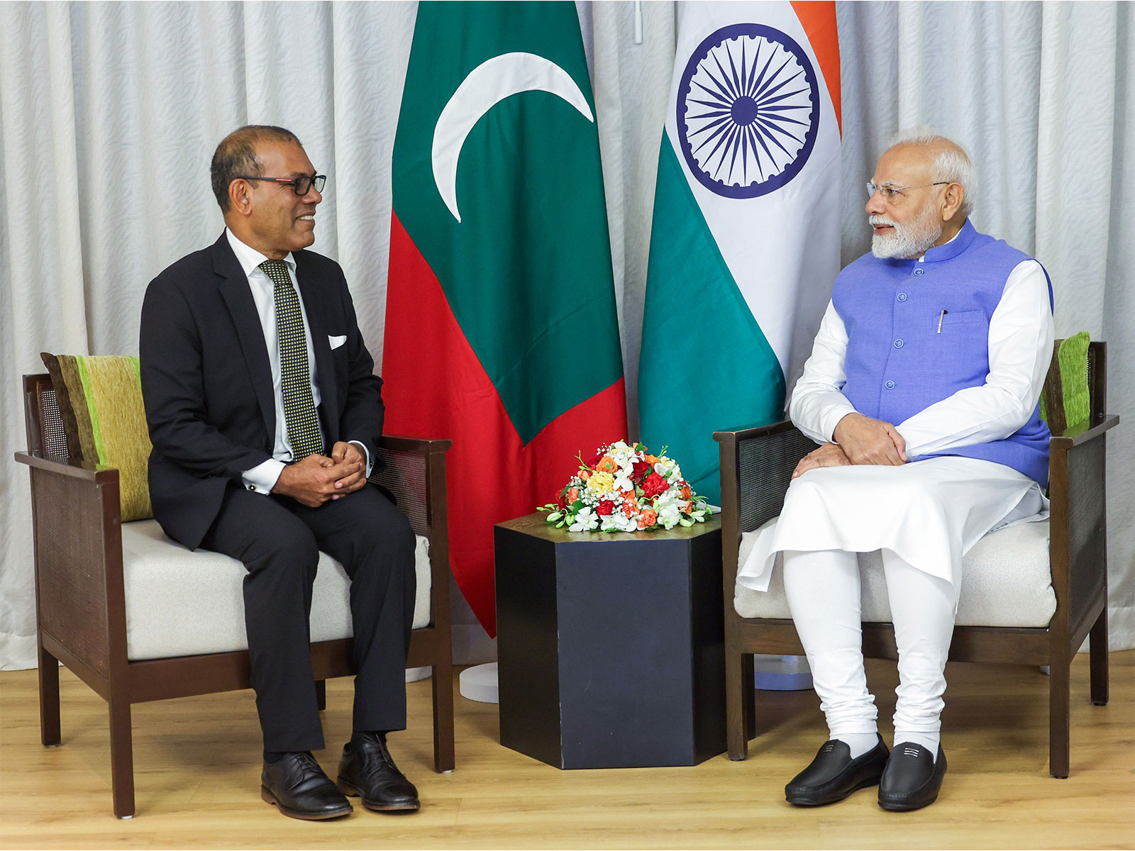 Prime Minister Narendra Modi with Maldivian former President Mohamed Nasheed (Photo/ANI) Prime Minister Narendra Modi with Maldivian former President Mohamed Nasheed (Photo/ANI)