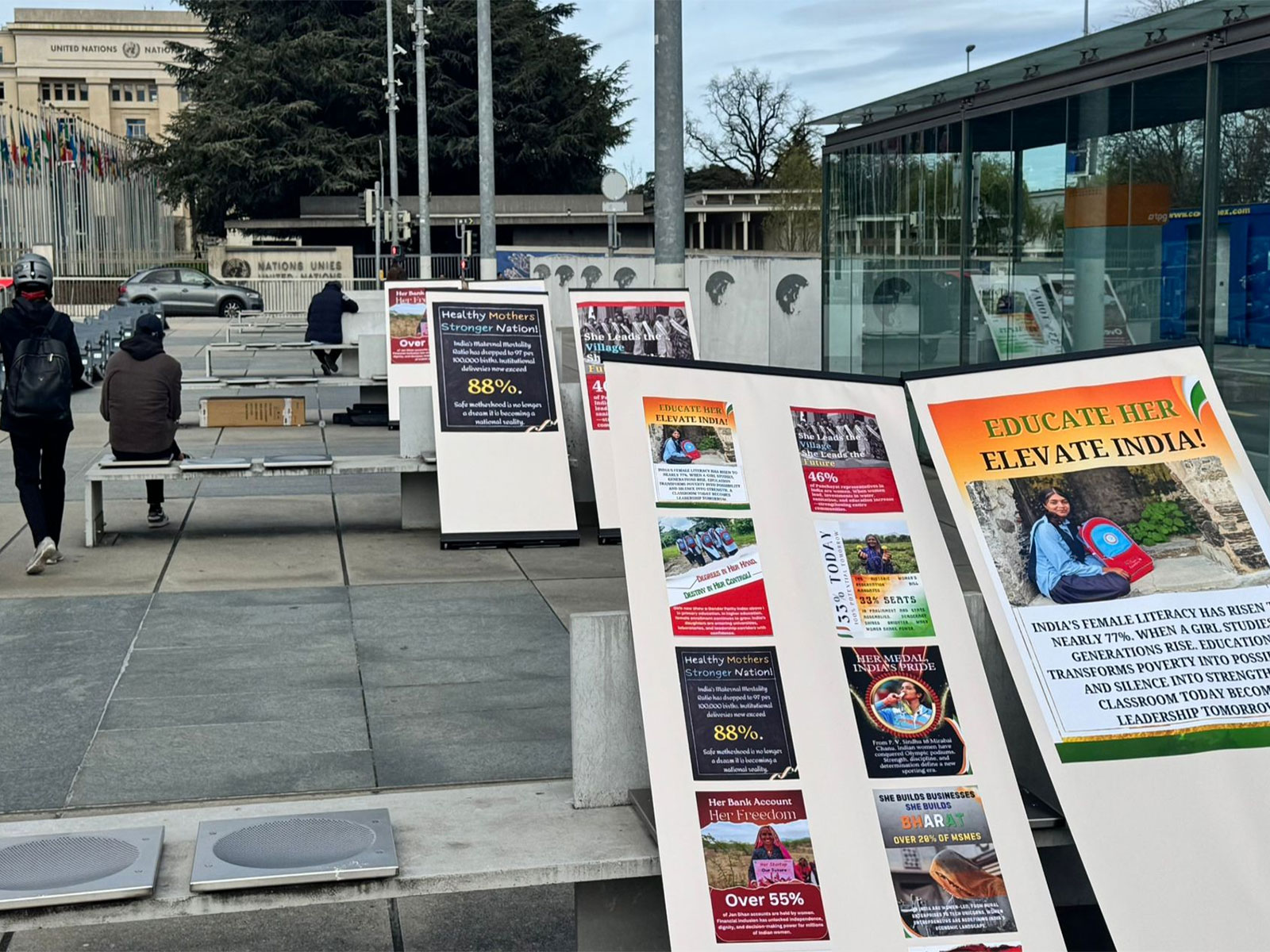 Posters highlighting initiatives and achievements related to women empowerment in India displayed during a photo exhibition organised by Rajasthan Samgrah Kalyan Sansthan on the sidelines of the 61st session of the UN Human Rights Council in Geneva. (Photo/ANI) Posters highlighting initiatives and achievements related to women empowerment in India displayed during a photo exhibition organised by Rajasthan Samgrah Kalyan Sansthan on the sidelines of the 61st session of the UN Human Rights Council in Geneva. (Photo/ANI)