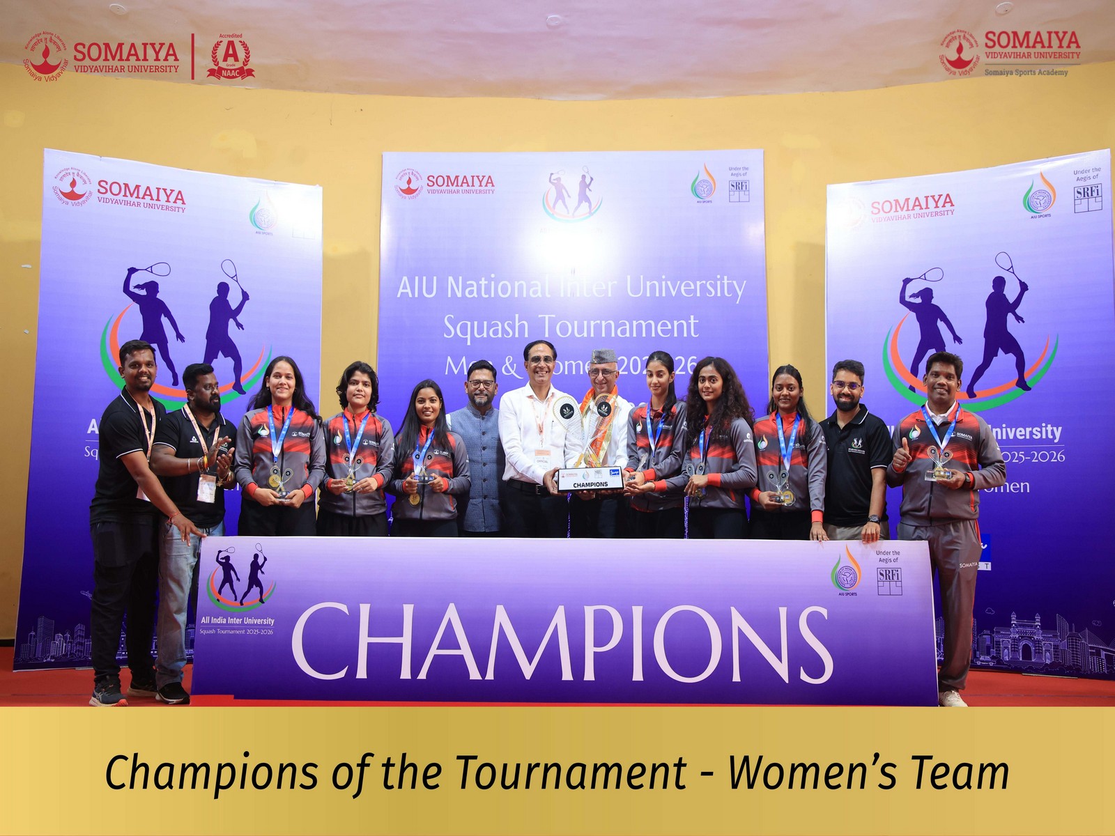 Somaiya Vidyavihar University women’s squash team (Photo: AIU All India Inter-University Squash Tournament) Somaiya Vidyavihar University women’s squash team (Photo: AIU All India Inter-University Squash Tournament)