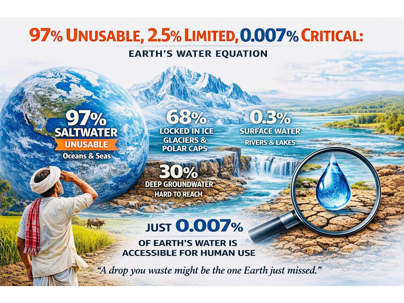 World Water Day: 97% Unusable, 2.5% Limited, 0.007% Critical: Earth’s Water Equation