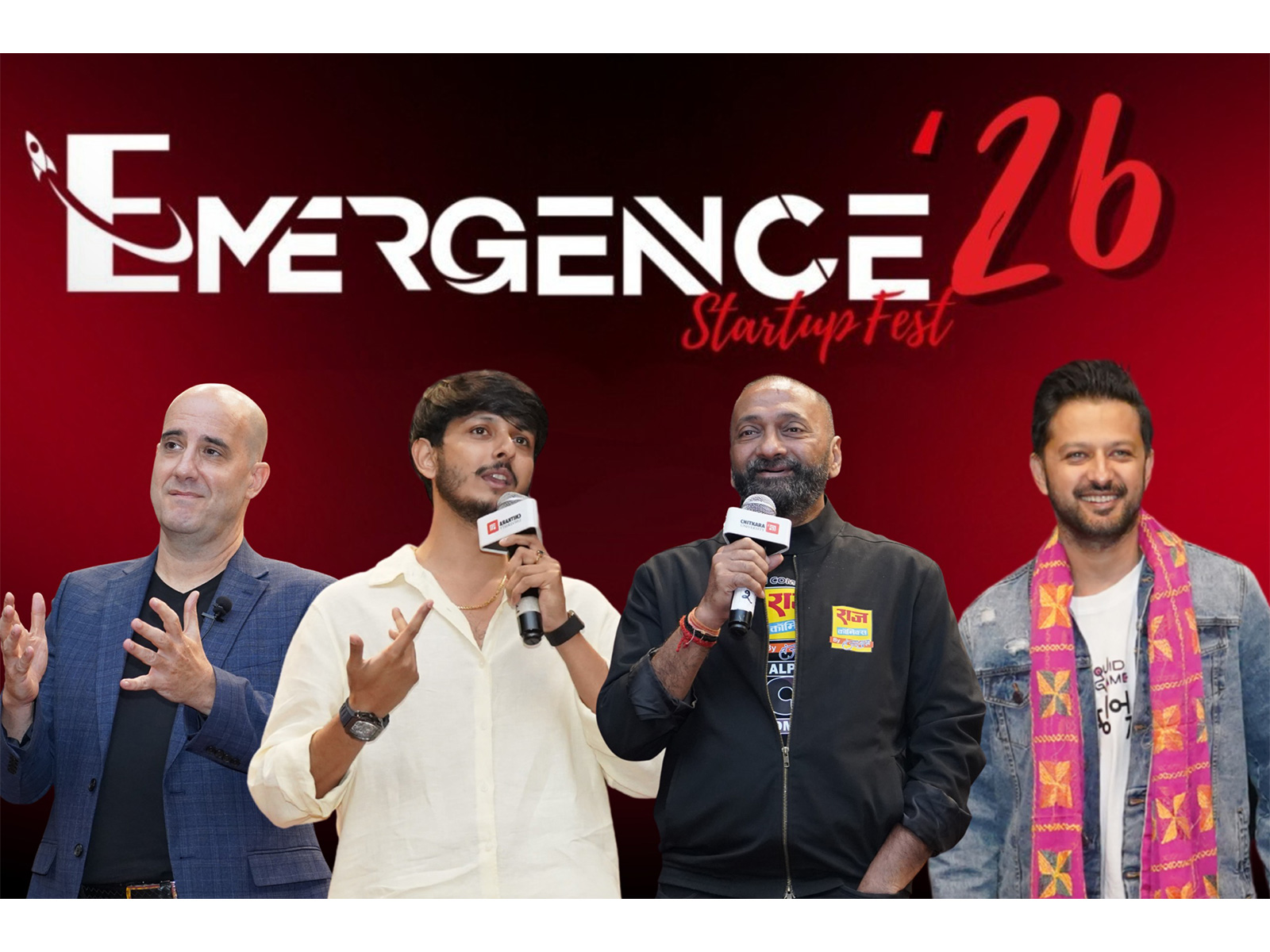 A powerhouse lineup at Emergence’26, Chitkara University: Ashwin Mushran, Anubhav Dubey (Chai Sutta Bar), Sanjay Gupta (Raj Comics), and Vatsal Sheth (Prismix Studios)