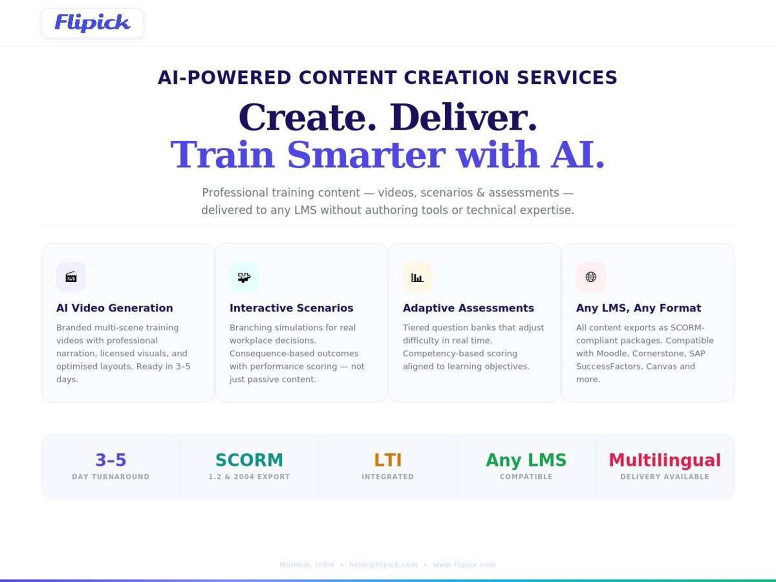 Flipick Launches AI-Powered Training Content Creation Services for Any LMS Flipick Launches AI-Powered Training Content Creation Services for Any LMS
