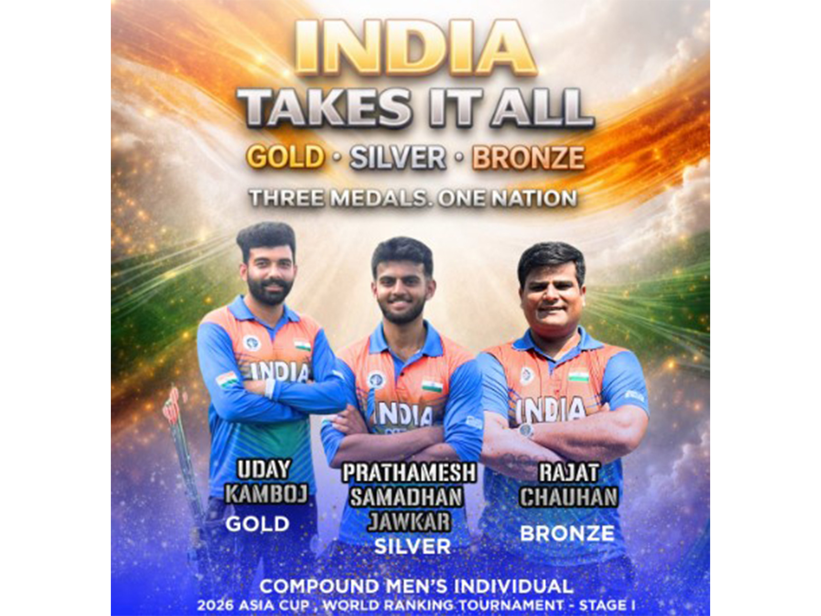 Team India clean swept the men's individual compound event. (Photo: indianarchery Instagram) Team India clean swept the men's individual compound event. (Photo: indianarchery Instagram)