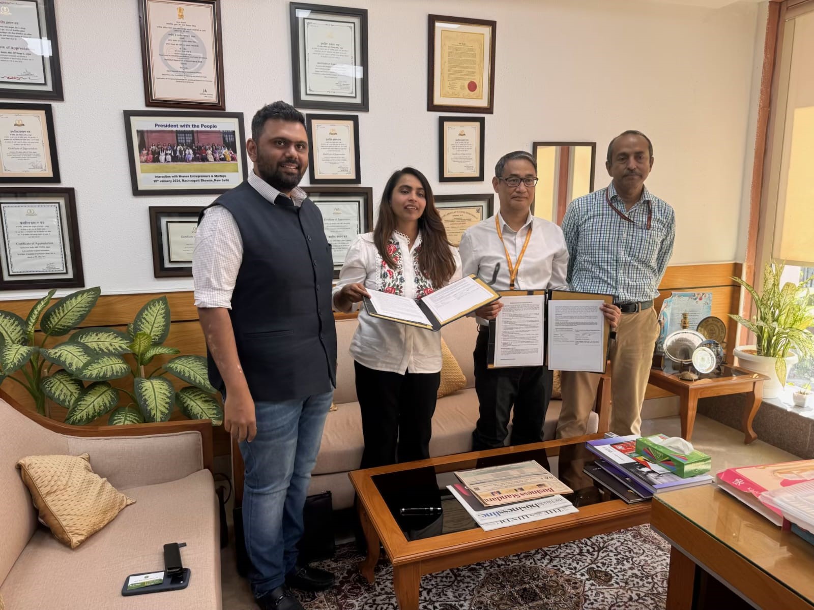 From R to L: Shri Sanjiv Joint Secretary, DPIIT Shri T. Lalit Kumar Singh (Deputy Secretary, DPIIT), Smt. Aditi Bhosale Walunj (Founder, Repos), and Shri Chetan Walunj (Founder, Repos)