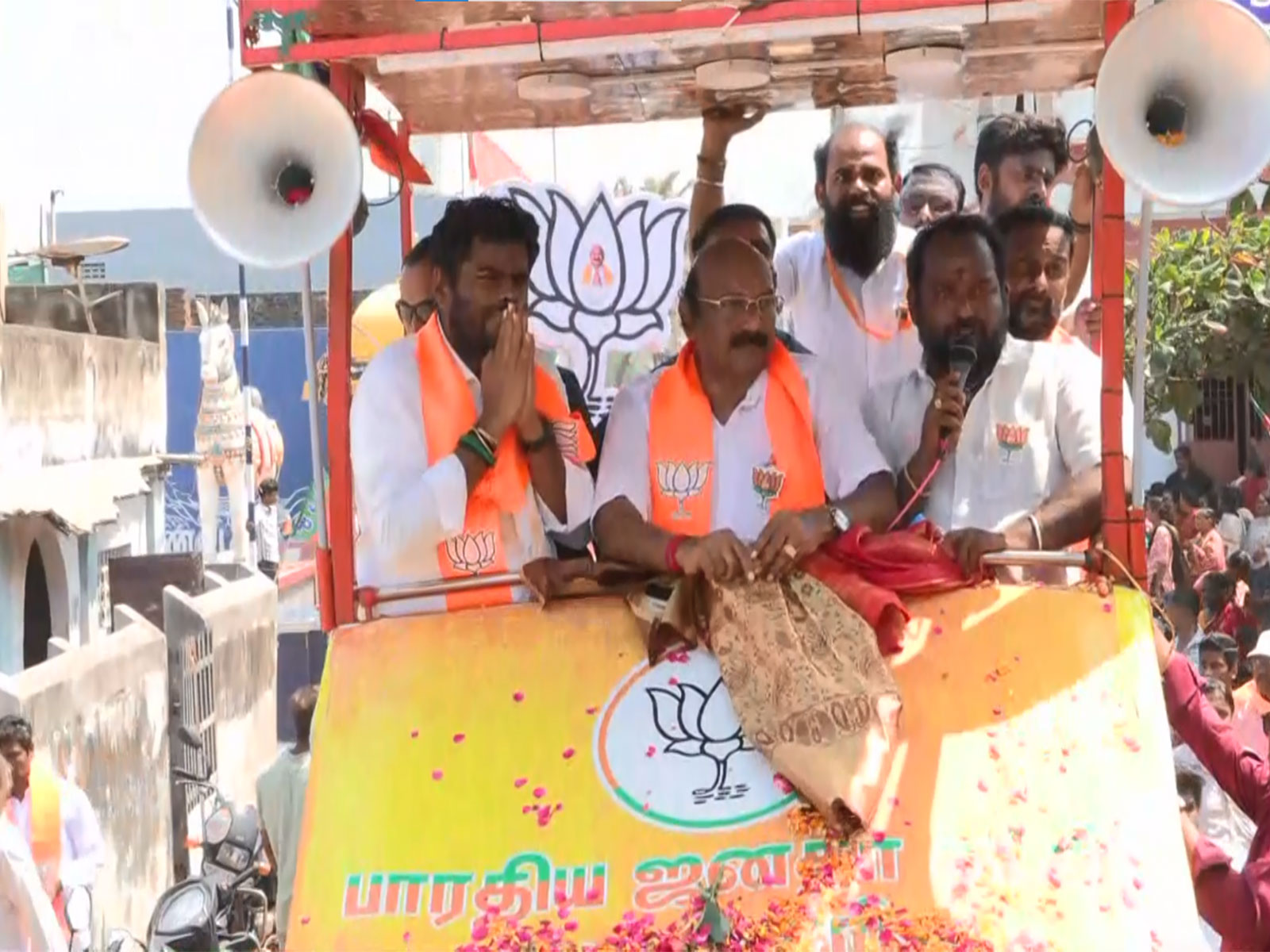 BJP leader K Annamalai campaigns for Pudducherry BJP president VP Ramalingam at At Rajbhavan assembly constituency (Photo/ANI)