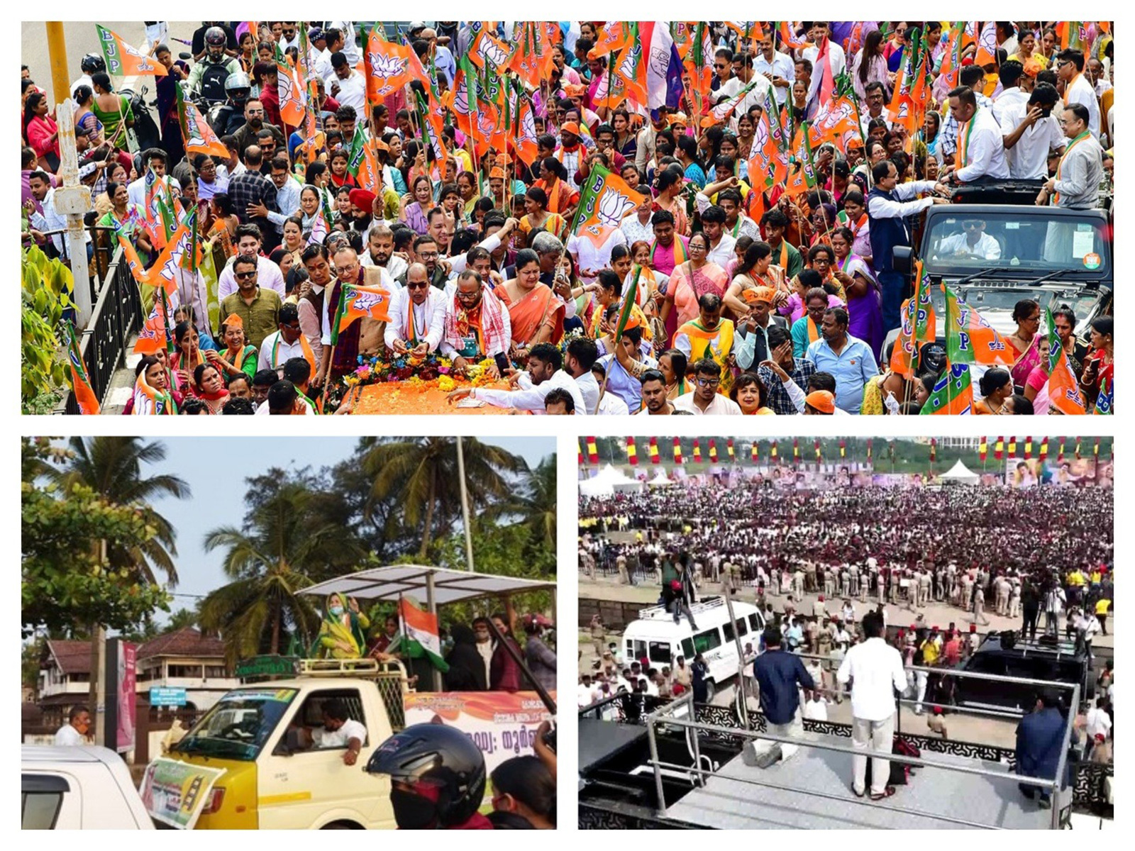Visuals of campaigning in Assam, Keralam and Puducherry (LtoR) Photo/ANI) Visuals of campaigning in Assam, Keralam and Puducherry (LtoR) Photo/ANI)